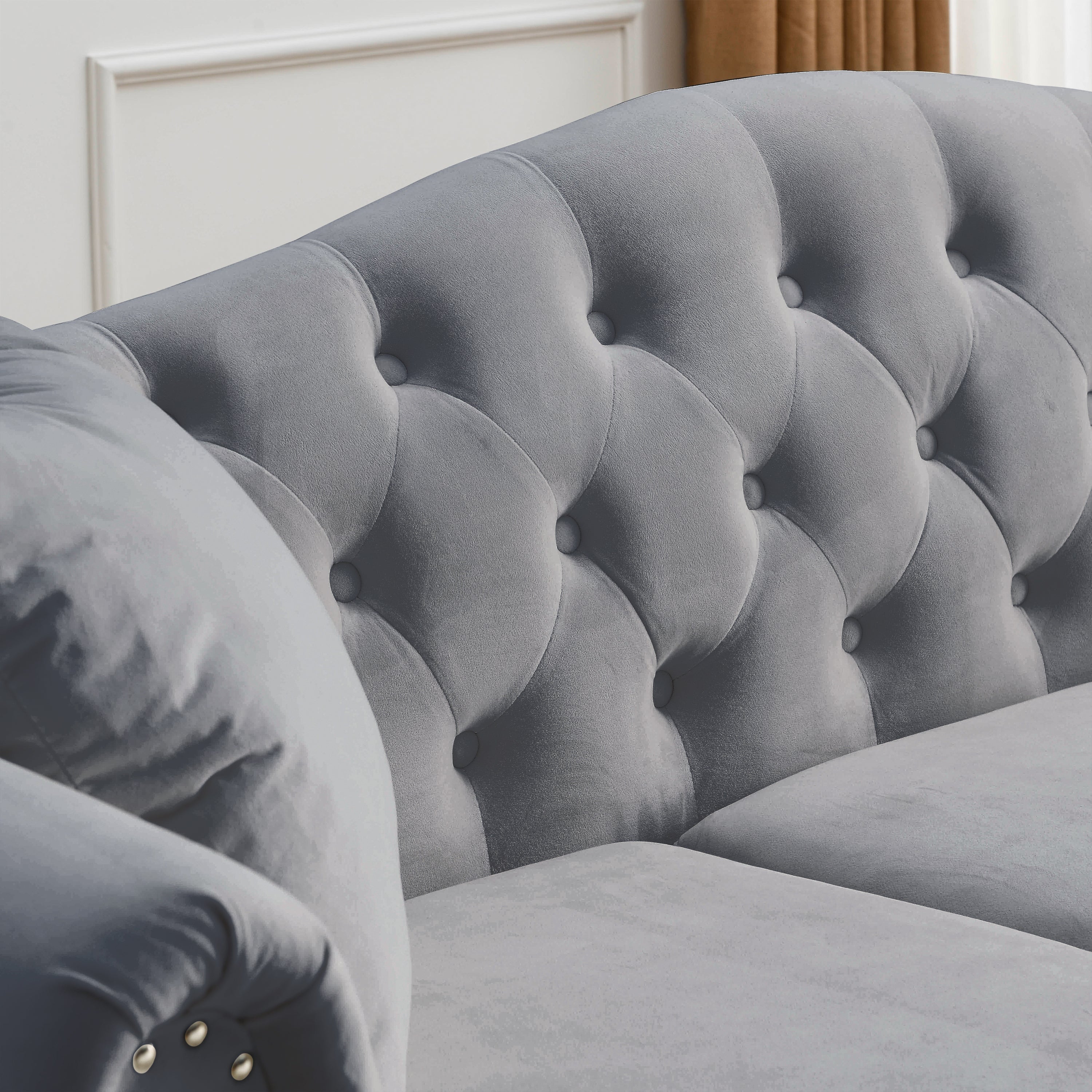 [Video] 79" Chesterfield Sofa Grey Velvet for Living Room, 3 Seater Sofa Tufted Couch with Rolled Arms and Nailhead for Living Room, Bedroom, Office, Apartment, two pillows