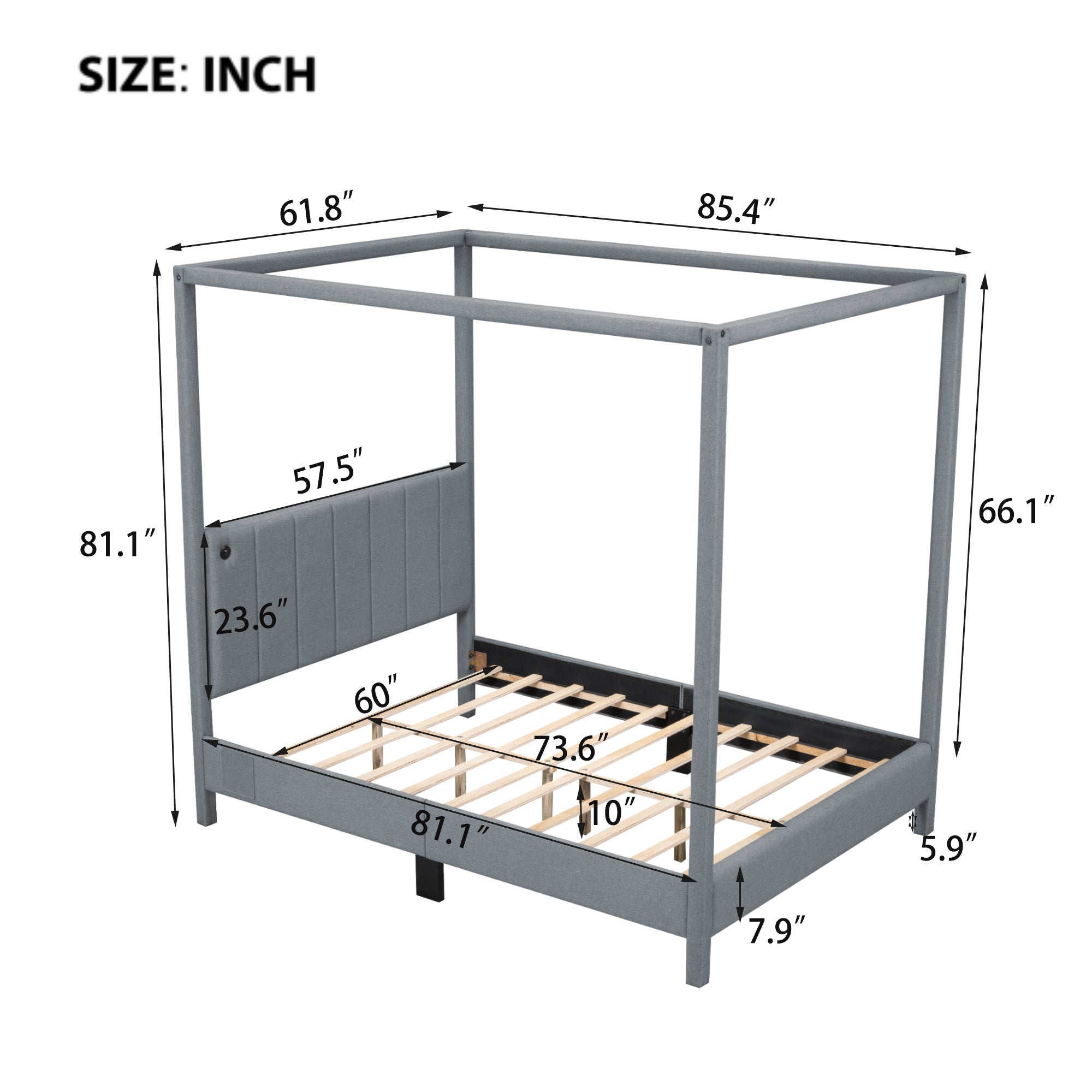 Queen Size Canopy Platform Bed with USB and Type-C Ports, Canvas, Gray