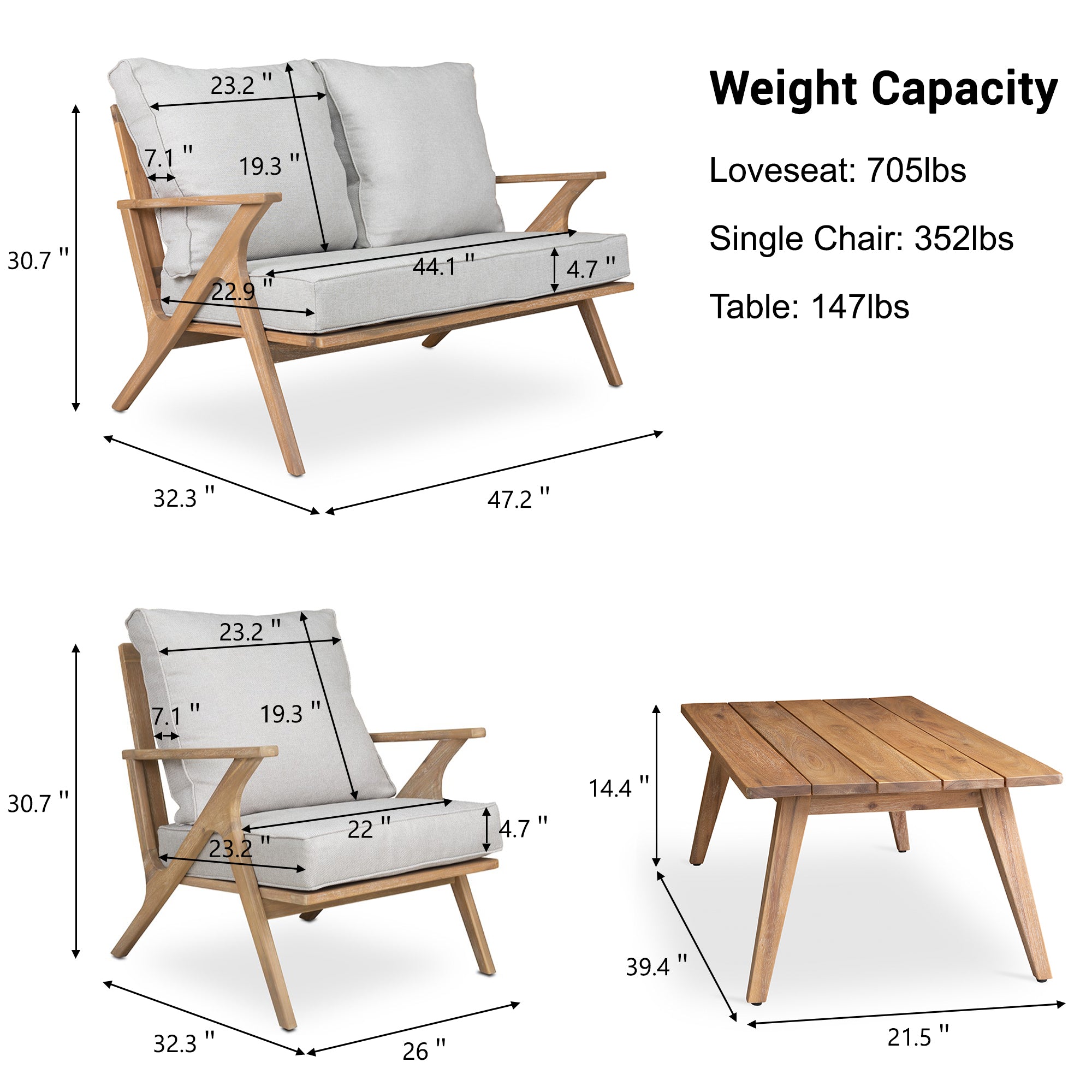 4 PCS Acacia Wood Patio Furniture Set, Outdoor Seating Sofa Set with Grey Cushions & Back Pillow, Outdoor Conversation Set with Coffee Table