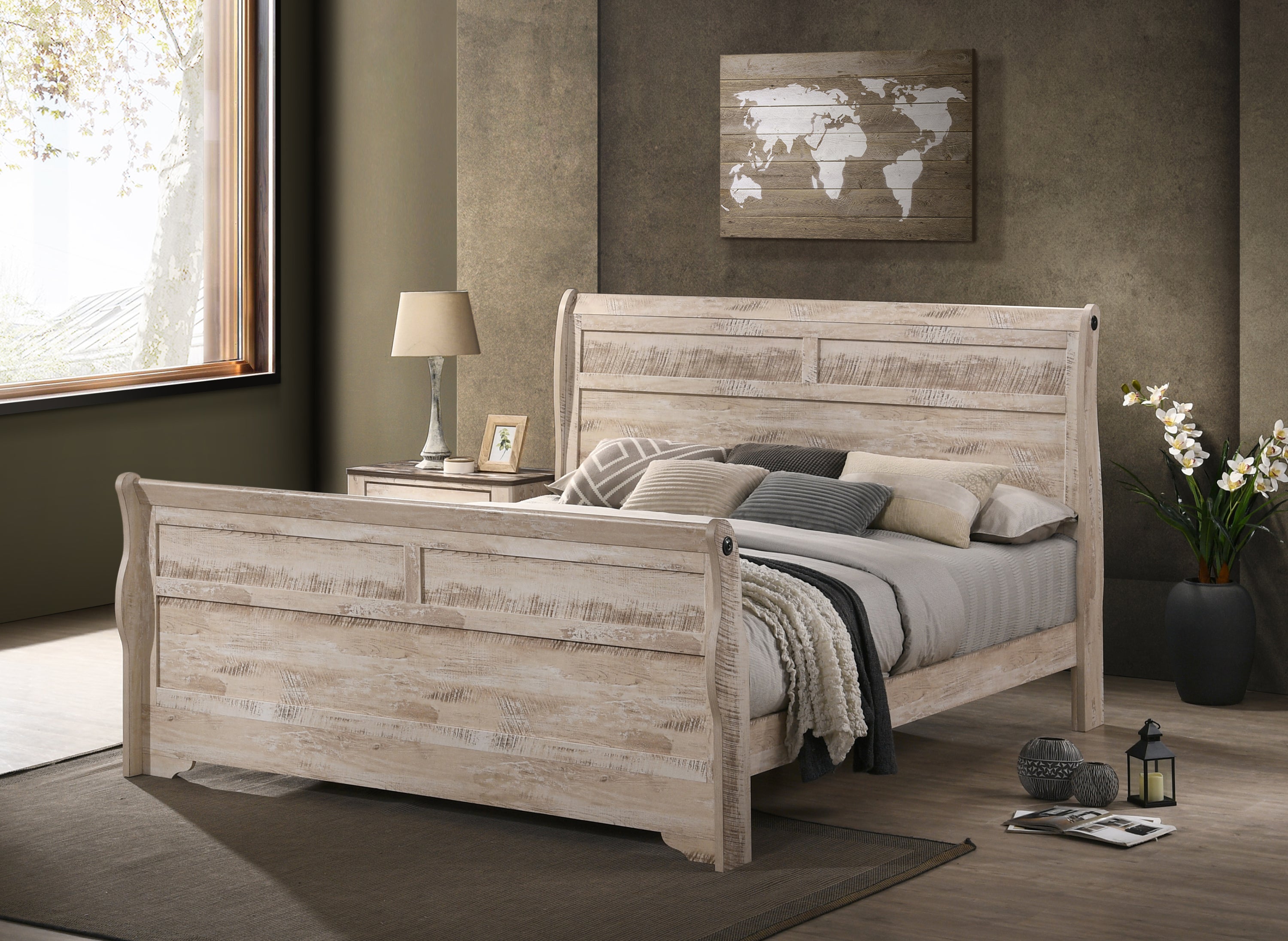 Imerland Contemporary White Wash Finish 3-Piece Bedroom Set-Sleigh Bed and Two Nightstands