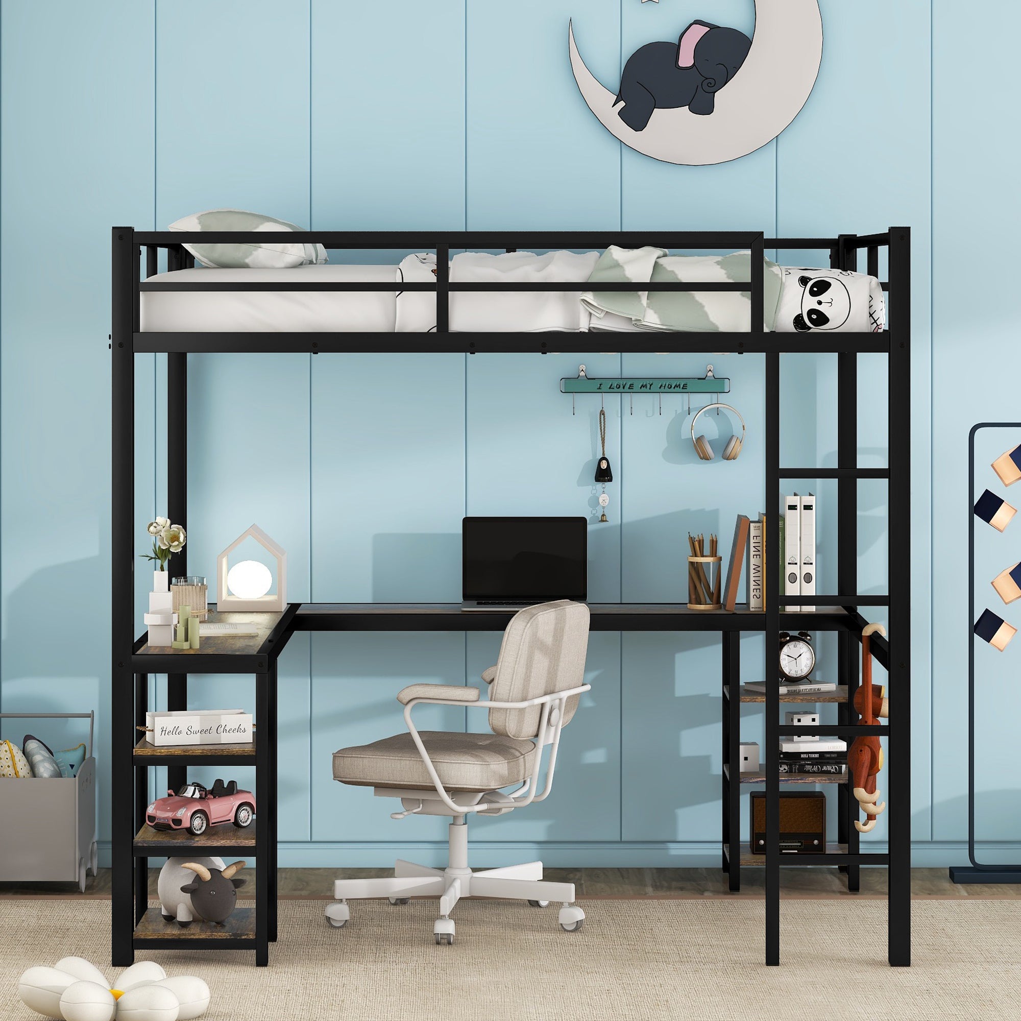 Full Metal Loft Bed with Desk and Shelves, Loft Bed with Ladder and Guardrails, Loft Bed Frame for Bedroom (Black) (Old SKU: W1307S00009)