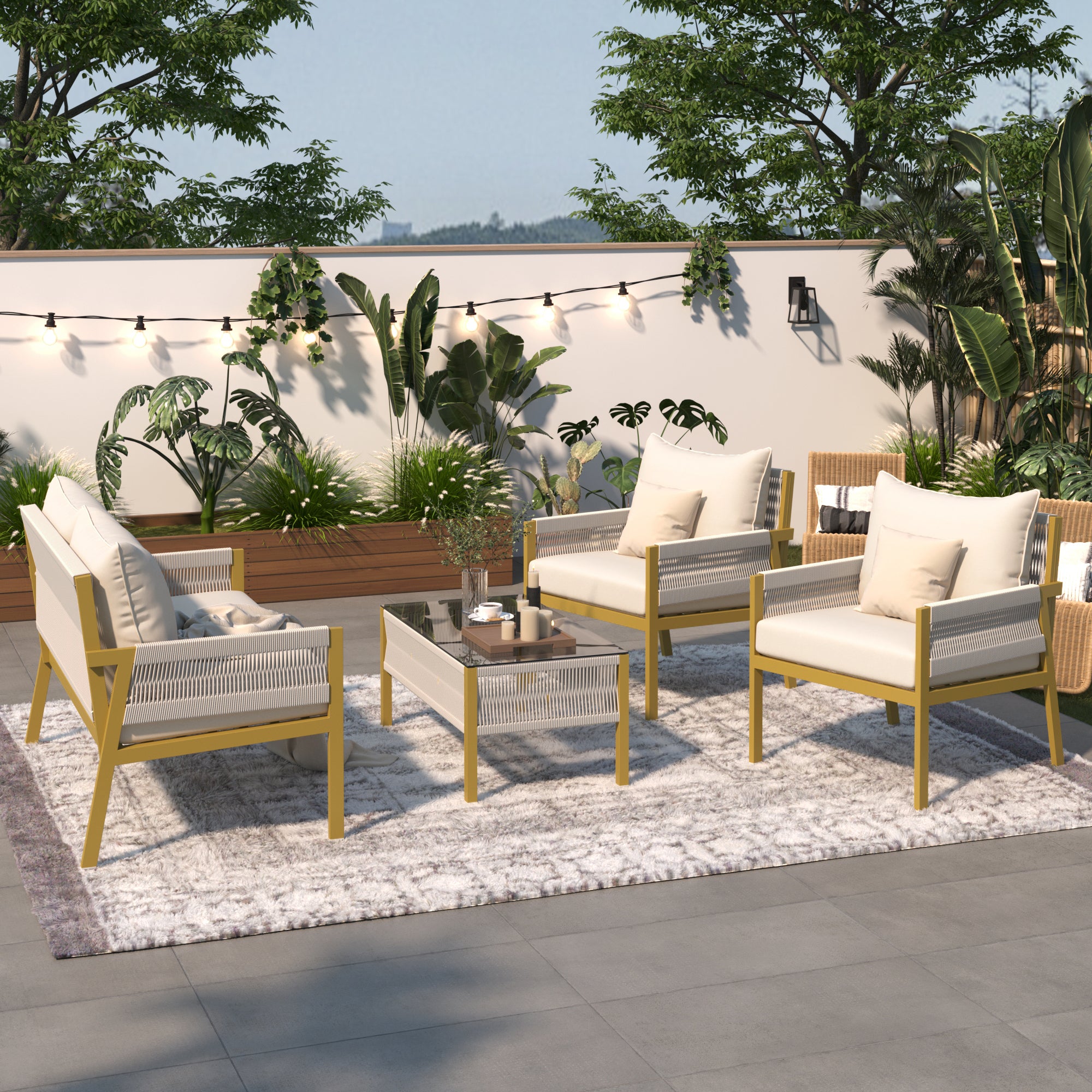 K&K 4-Piece Rope Patio Furniture Set, Outdoor Furniture with Tempered Glass Table, Patio Conversation Set Deep Seating with Thick Cushion for Backyard Porch Balcony (Beige&Mustard Yellow)