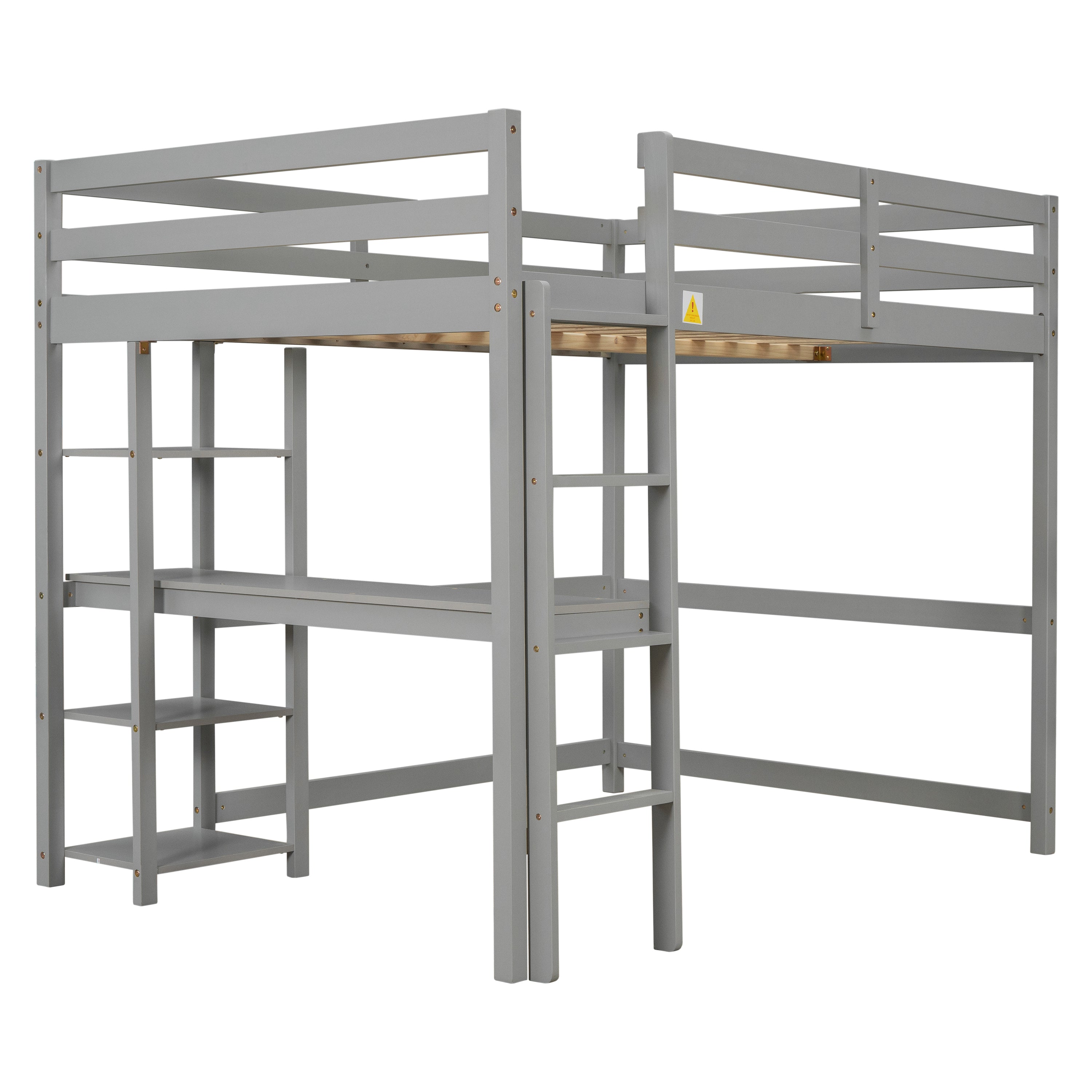 Full Loft Bed with Desk and Shelves,Grey