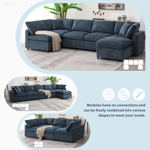 130*65" Modern Modular Cloud Sofa Bed, 6 Seat Chenille Sectional Couch Set with Ottoman,Free Combination,Convertible U Shaped Sleeper Sofa for Living Room, Apartment, 3 Colors