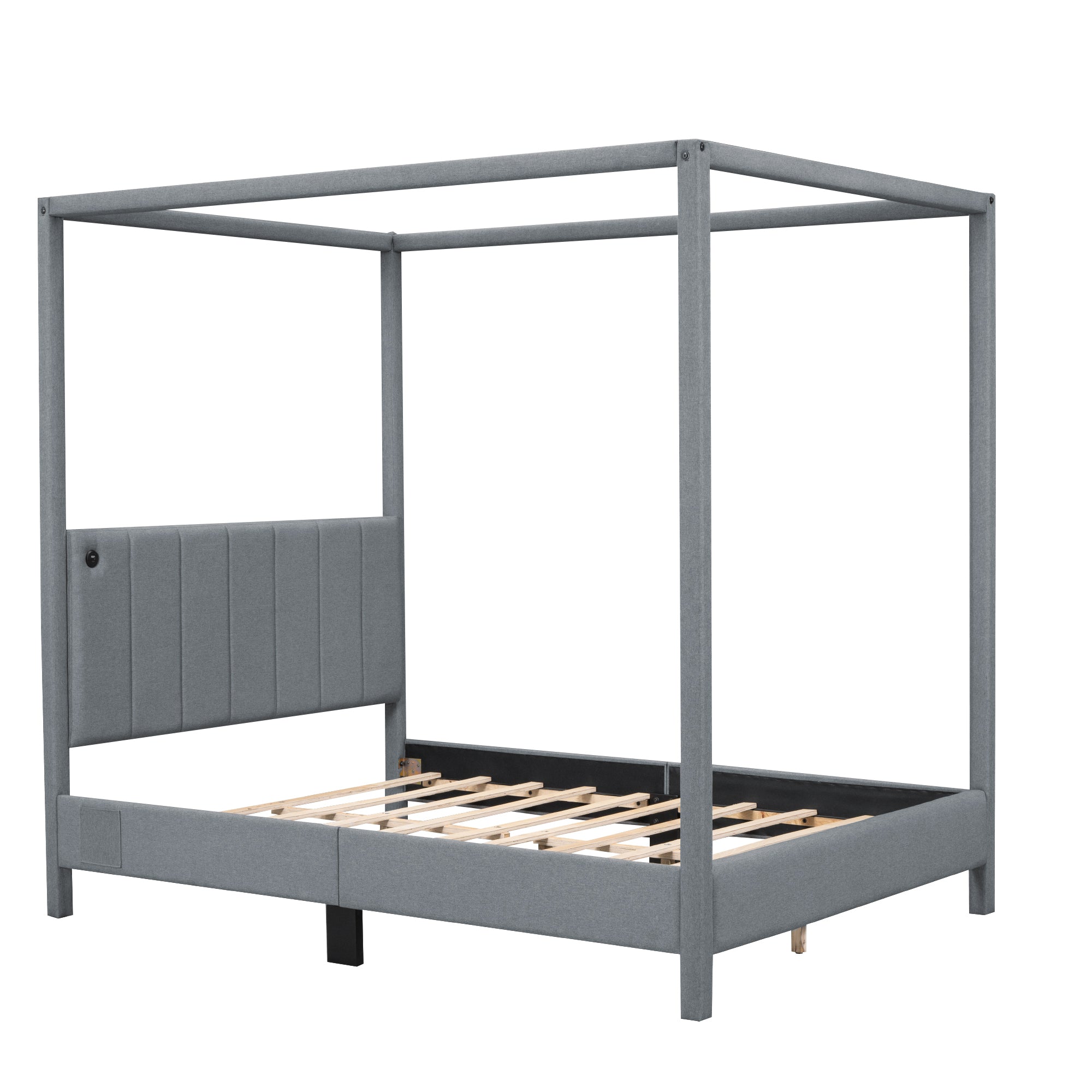 Queen Size Canopy Platform Bed with USB and Type-C Ports, Canvas, Gray