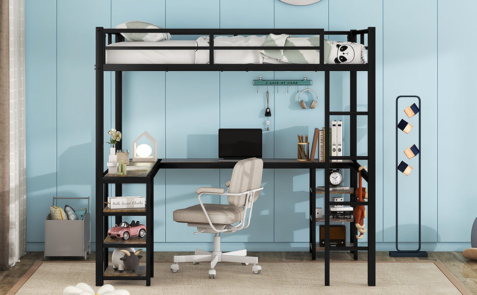 Full Metal Loft Bed with Desk and Shelves, Loft Bed with Ladder and Guardrails, Loft Bed Frame for Bedroom (Black) (Old SKU: W1307S00009)