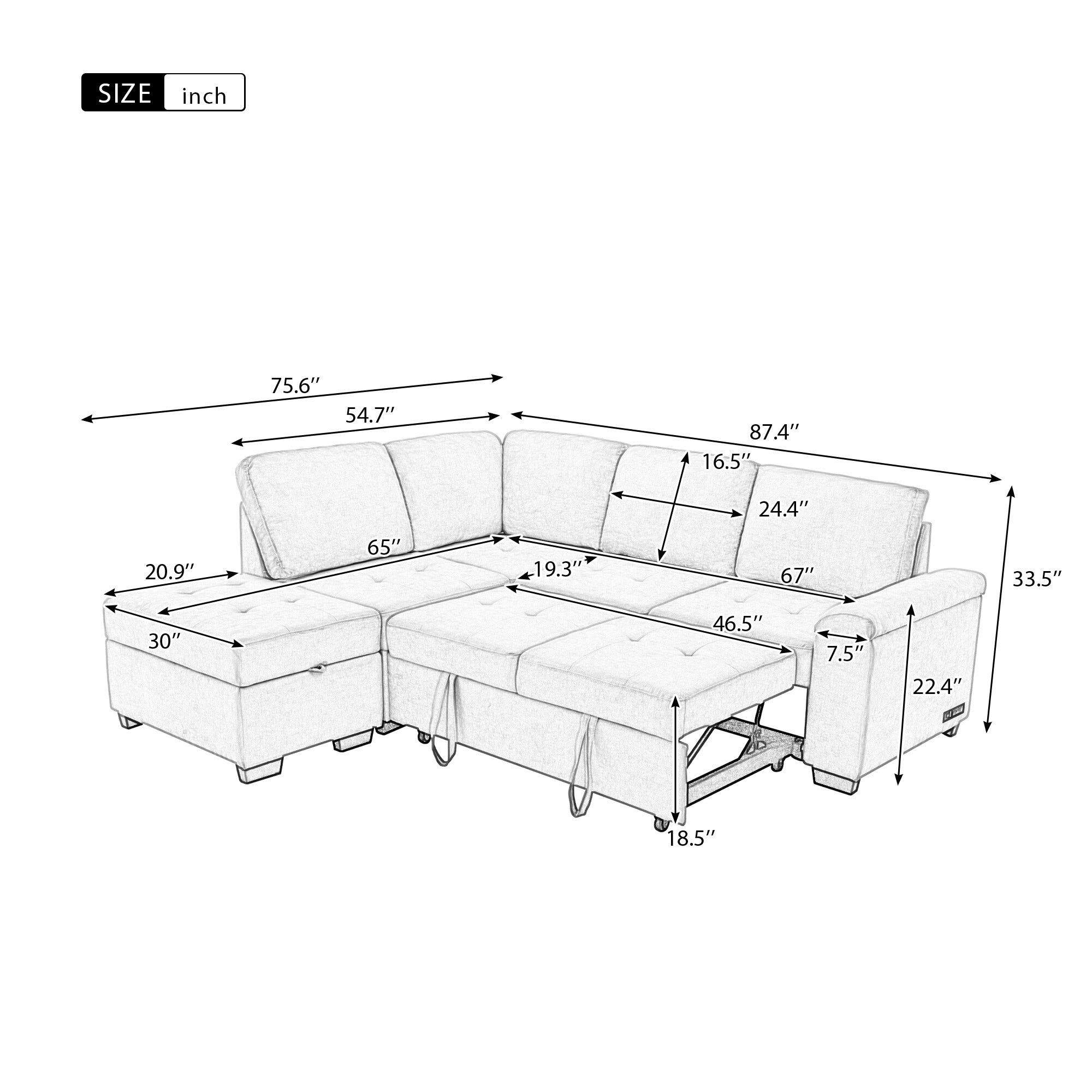 Sleeper Sectional Sofa, L-Shape Corner Couch Sofa-Bed with Storage Ottoman & Hidden Arm Storage & USB Charge  for Living Room Apartment, Dark Gray