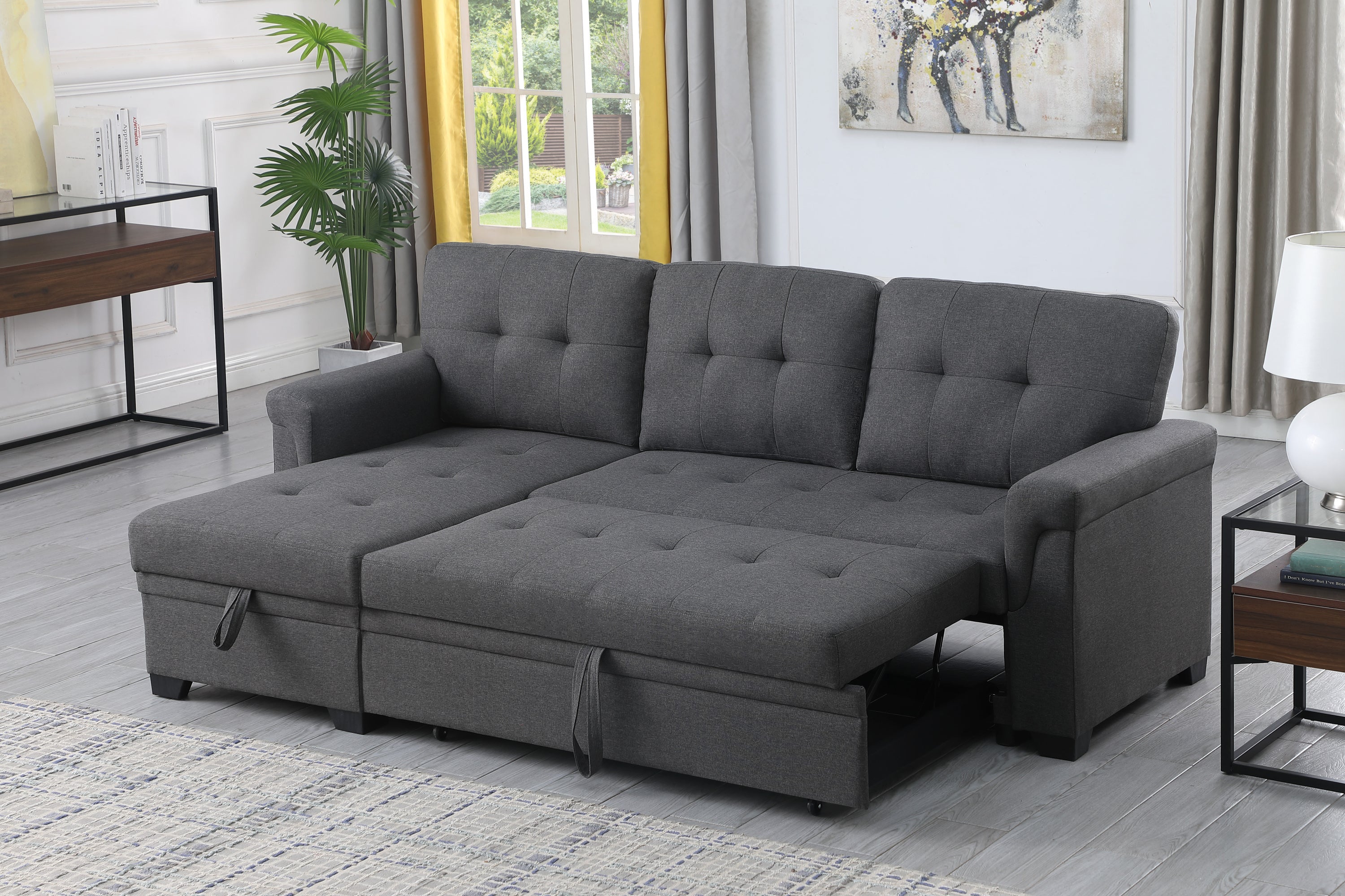 Lucca 84" Linen Reversible Sleeper Sectional Sofa with Storage Chaise