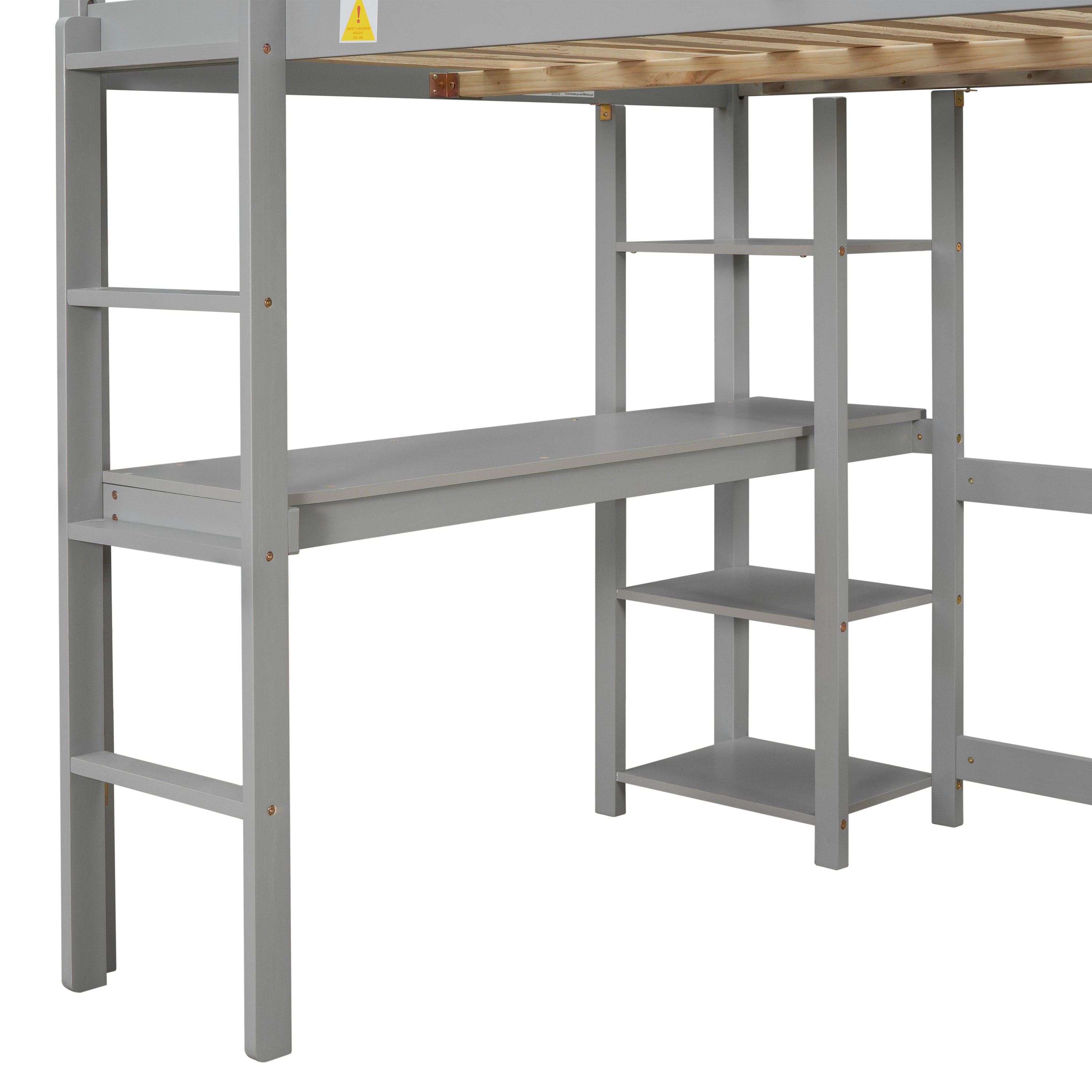 Full Loft Bed with Desk and Shelves,Grey