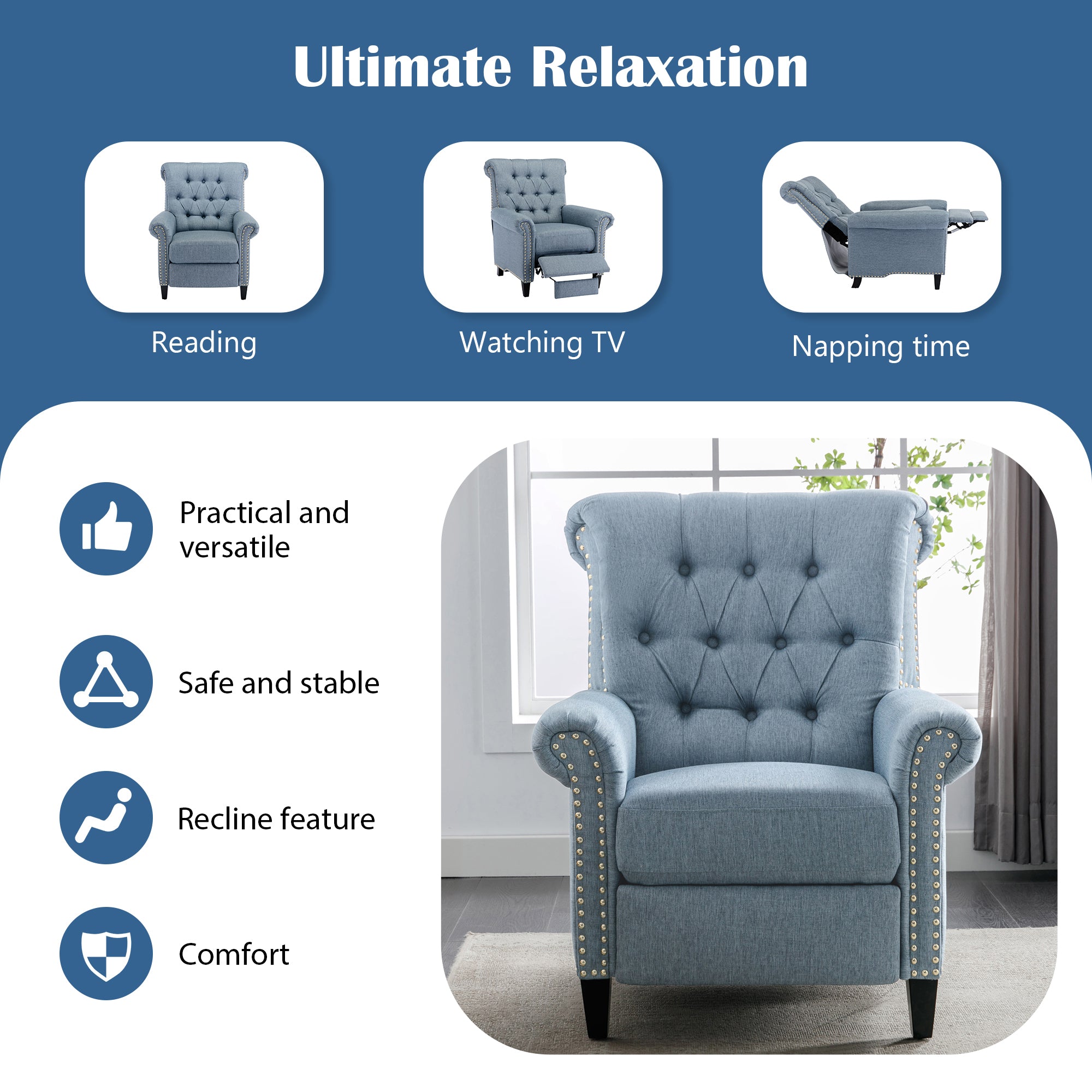 Pushback Linen Tufted Recliner Single Sofa with Nailheads Roll Arm for Living Room, Bedroom, Office, Blue