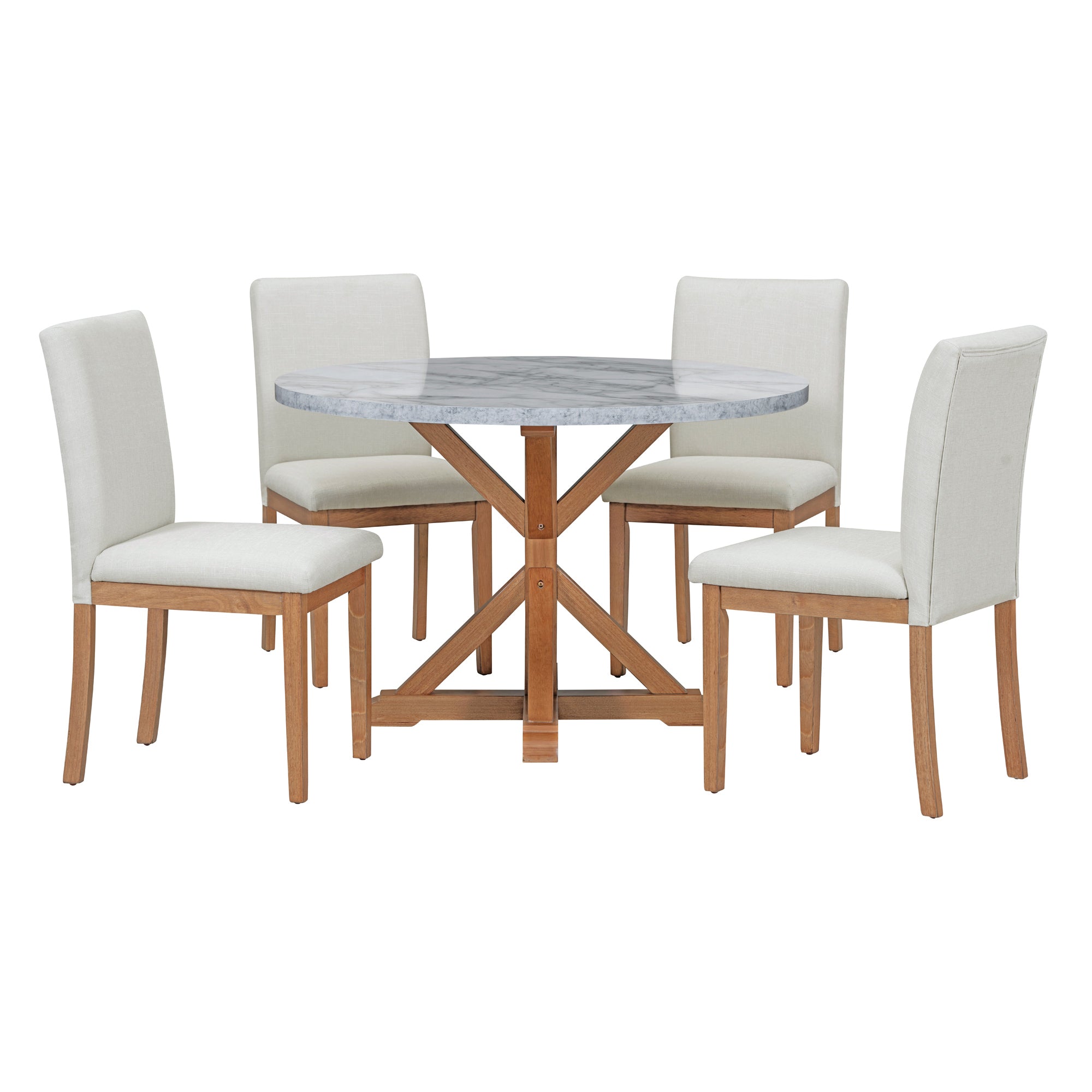 TREXM 5-Piece Farmhouse Style Dining Table Set, Marble Sticker and Cross Bracket Pedestal Dining Table, and 4 Upholstered Chairs (White+Walnut)