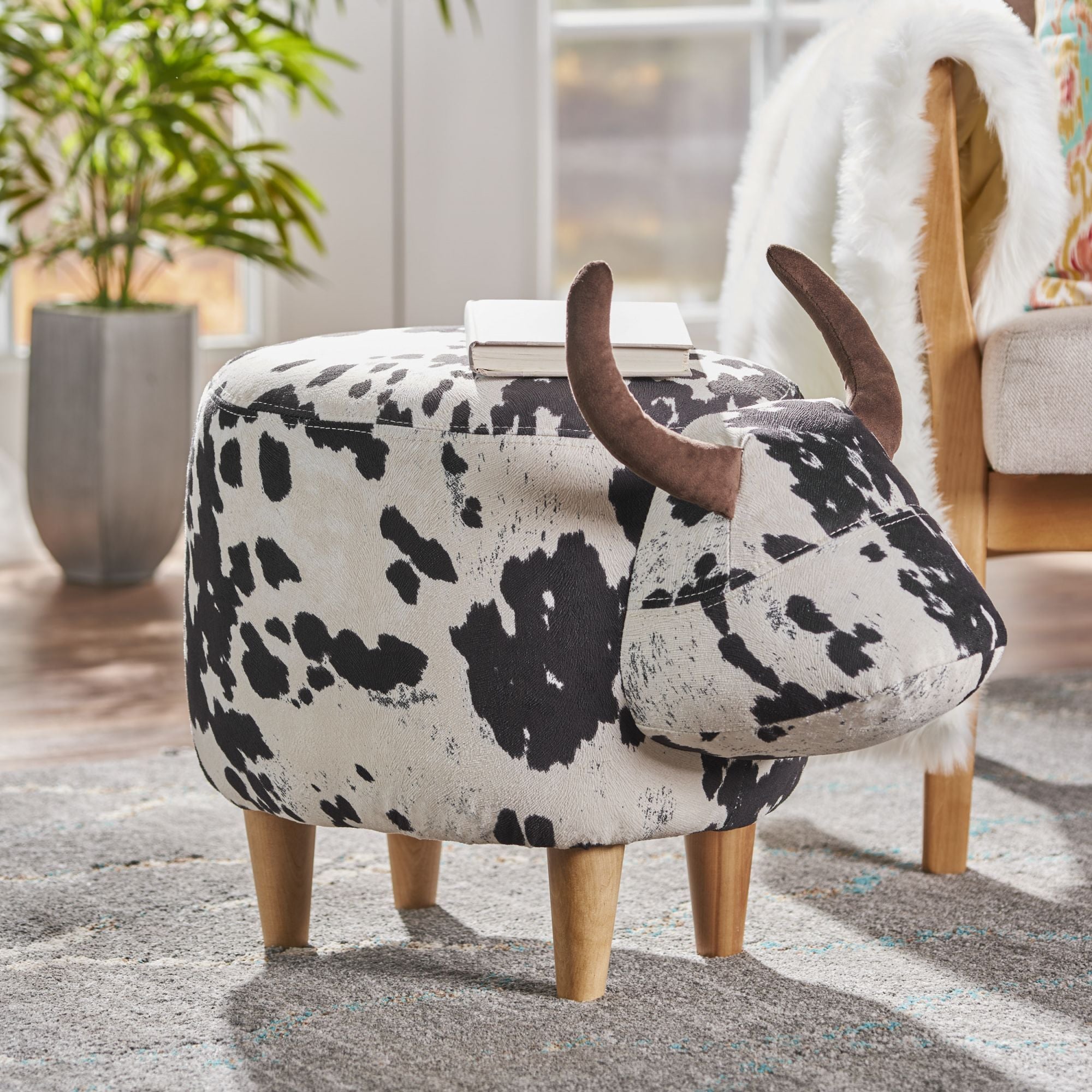 Velvet Cow-Shaped Ottoman, Cute Wood Foot Stool Shoes Changing Seat with Cushioned for Adult Living Room, Bedroom, Nursery Gameroom, Playroom, Porch Furniture