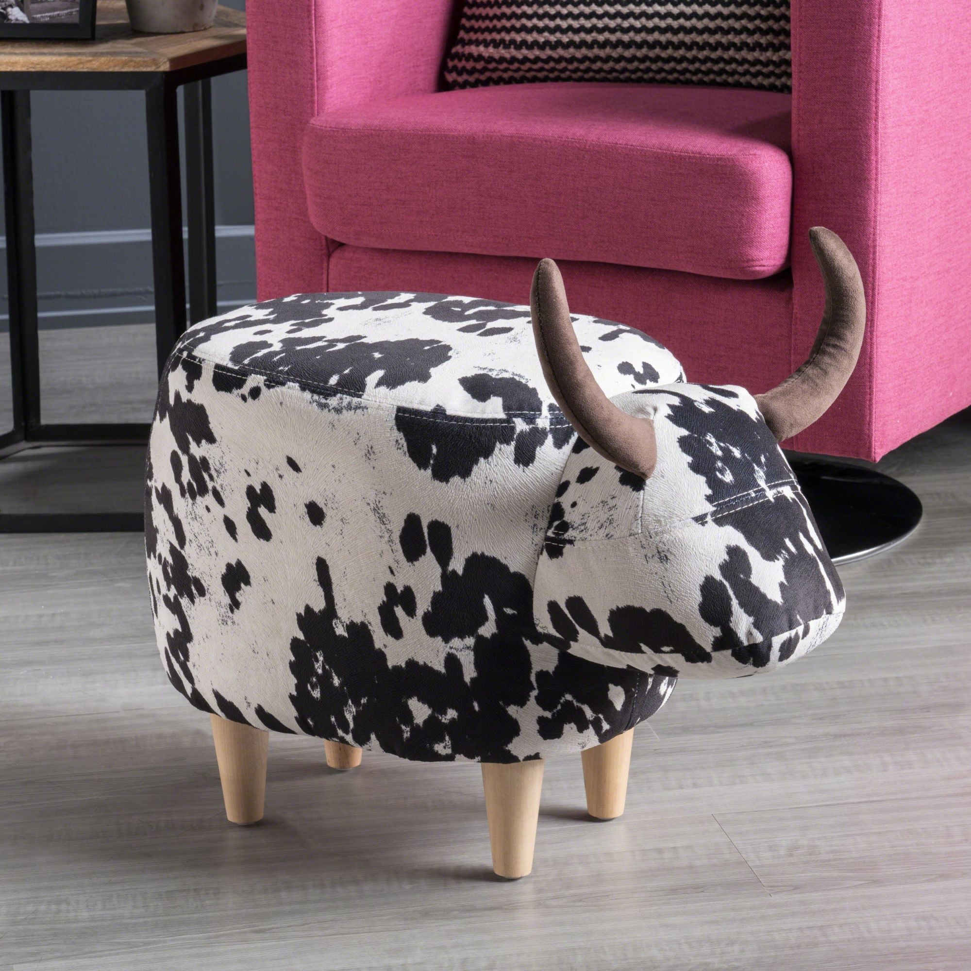 Velvet Cow-Shaped Ottoman, Cute Wood Foot Stool Shoes Changing Seat with Cushioned for Adult Living Room, Bedroom, Nursery Gameroom, Playroom, Porch Furniture