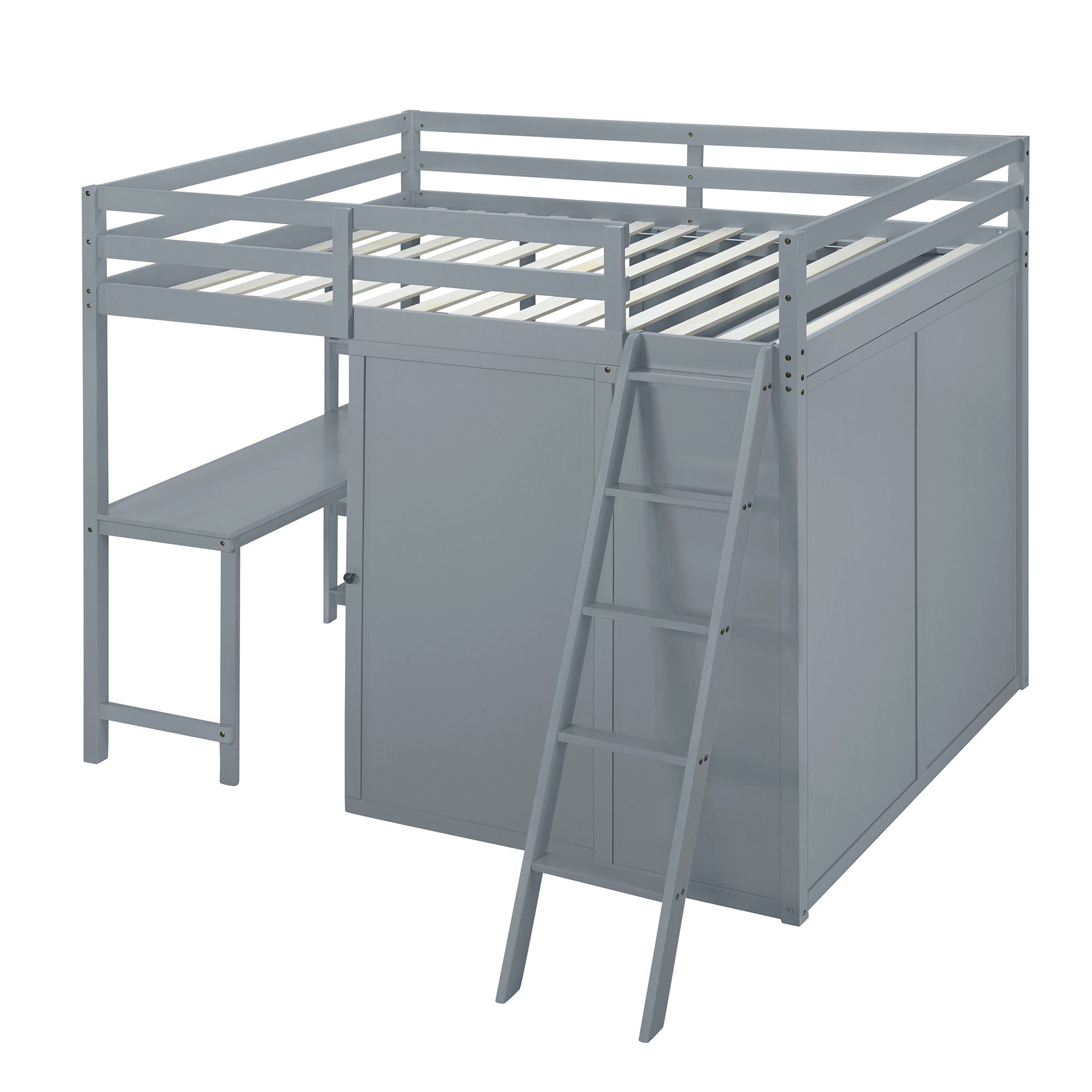 Full Size Loft Bed with Wardrobe and Desk and Shelves, Gray