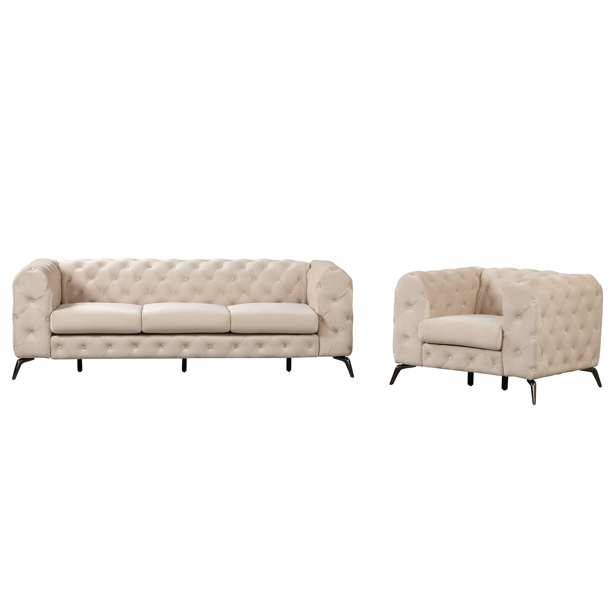 Modern 3-Piece Sofa Sets with Sturdy Metal Legs,Velvet Upholstered Couches Sets Including Three Seat Sofa, Loveseat and Single Chair for Living Room Furniture Set,Beige