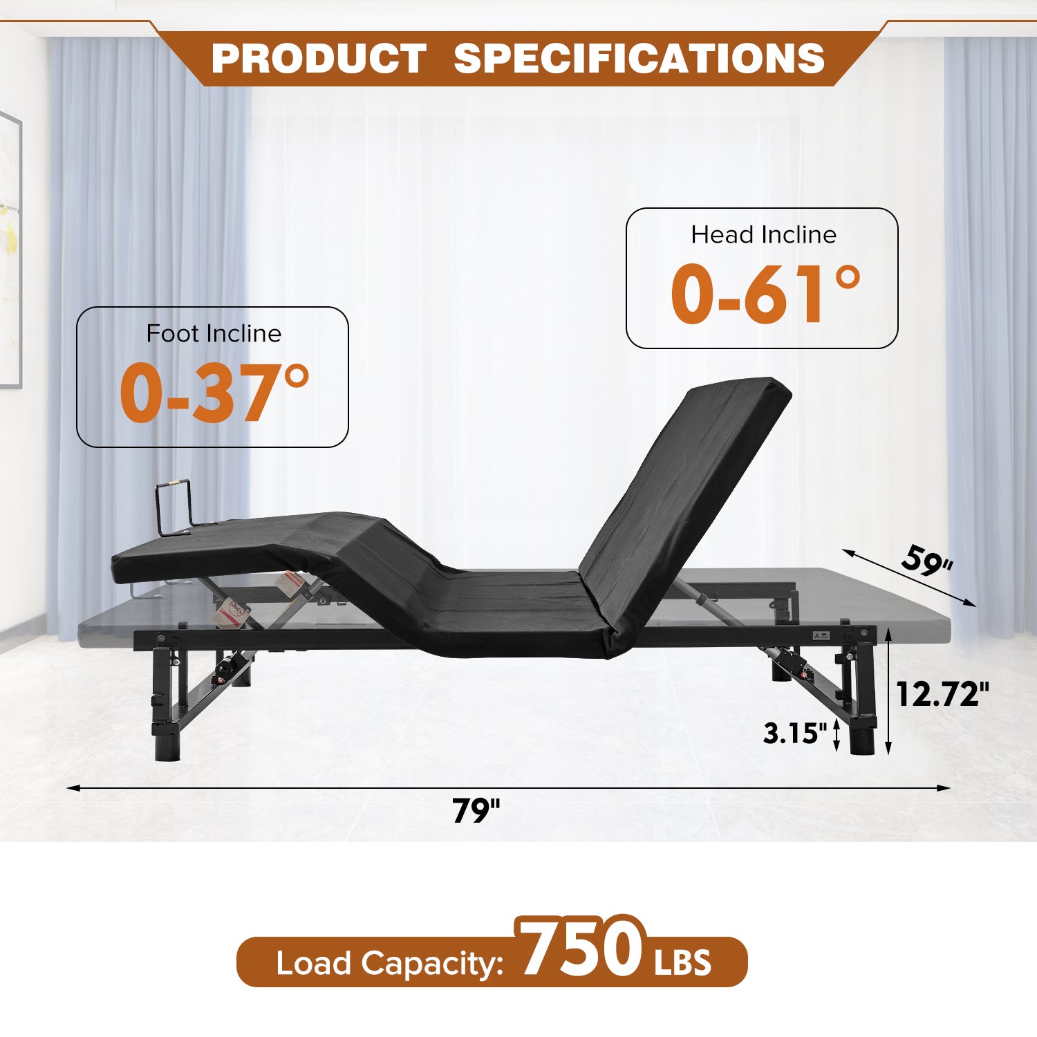 Adjustable Bed Base Frame Bed Frame with Head and Foot Incline Wireless Remote Zero Gravity Quiet Motor Black Queen