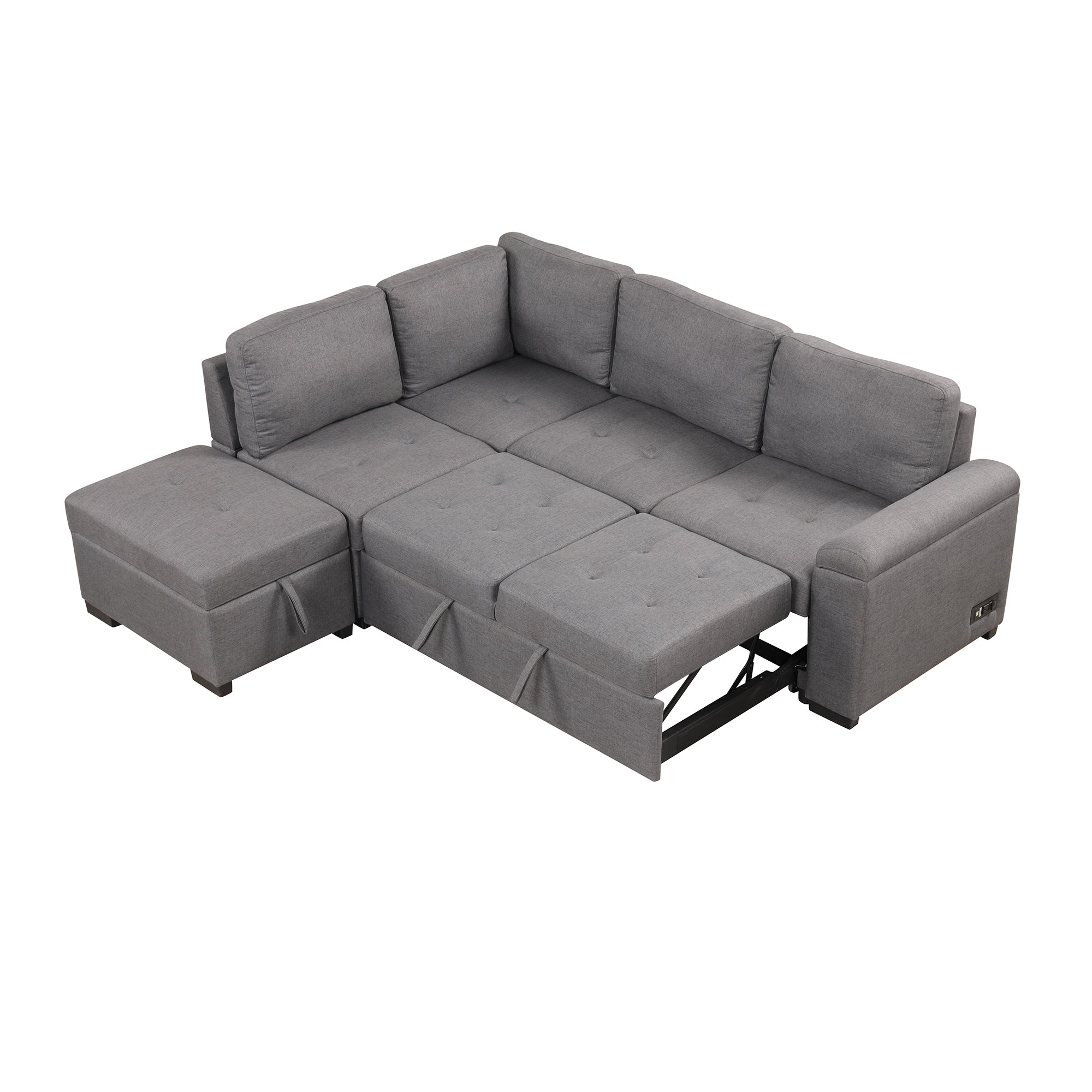 Sleeper Sectional Sofa, L-Shape Corner Couch Sofa-Bed with Storage Ottoman & Hidden Arm Storage & USB Charge  for Living Room Apartment, Dark Gray