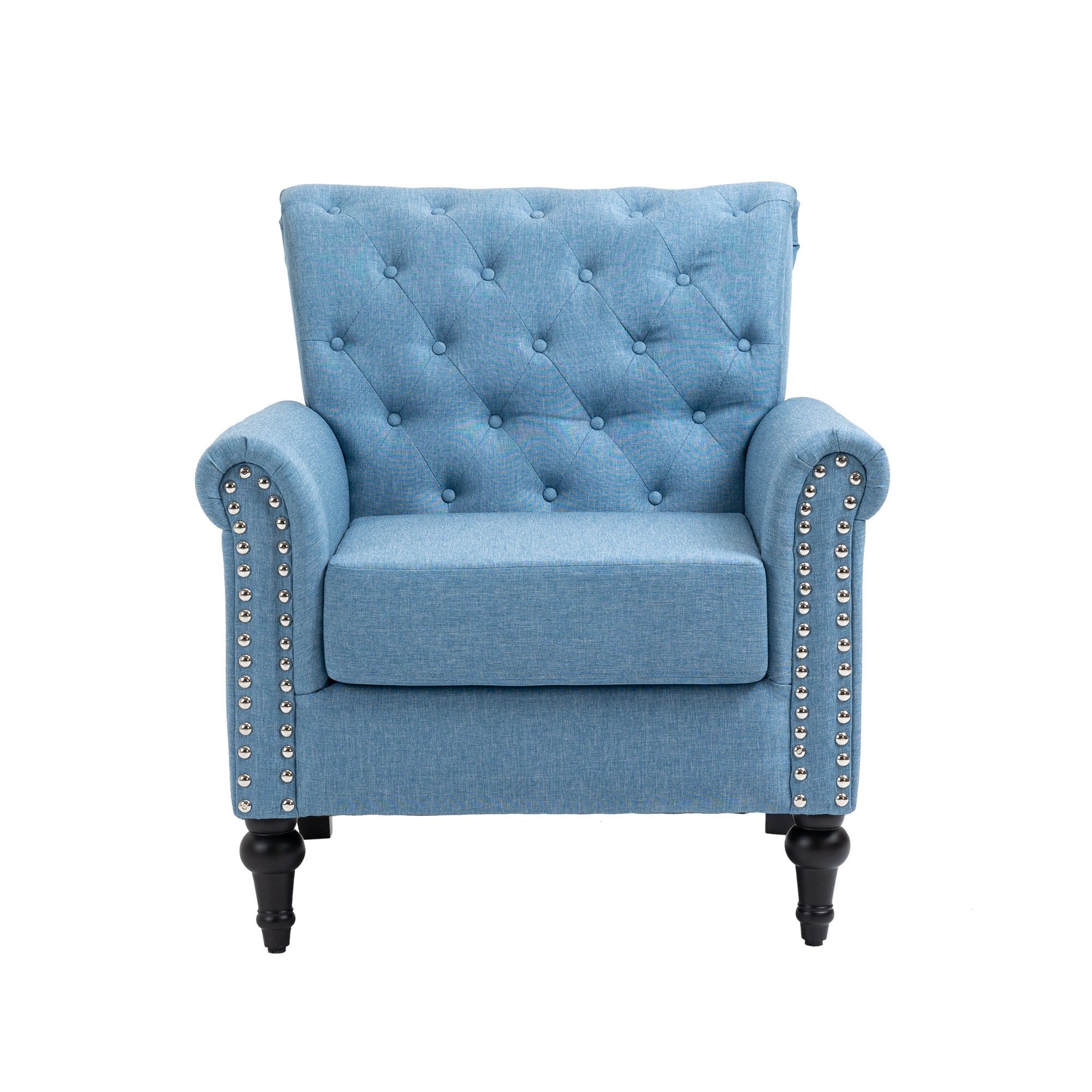 Mid-Century Modern Accent Chair, Linen Armchair w/Tufted Back/Wood Legs, Upholstered Lounge Arm Chair Single Sofa for Living Room Bedroom,Light Blue