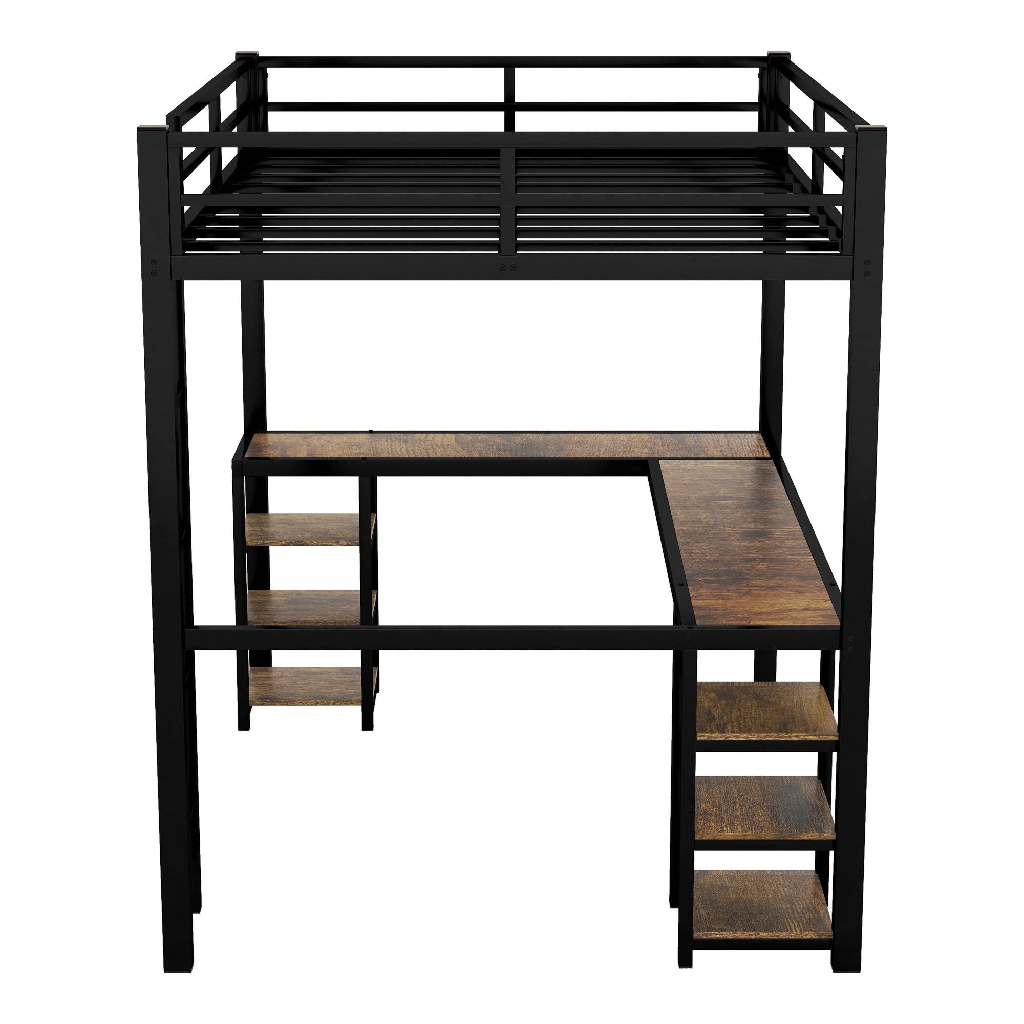 Full Metal Loft Bed with Desk and Shelves, Loft Bed with Ladder and Guardrails, Loft Bed Frame for Bedroom (Black) (Old SKU: W1307S00009)