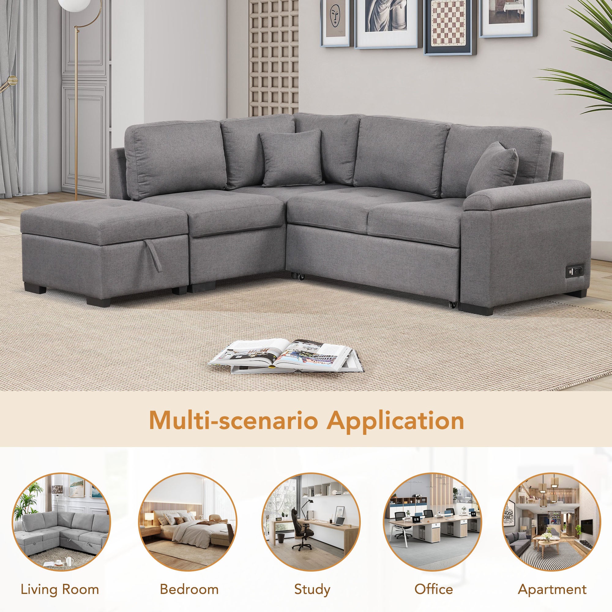 Sleeper Sectional Sofa, L-Shape Corner Couch Sofa-Bed with Storage Ottoman & Hidden Arm Storage & USB Charge  for Living Room Apartment, Dark Gray