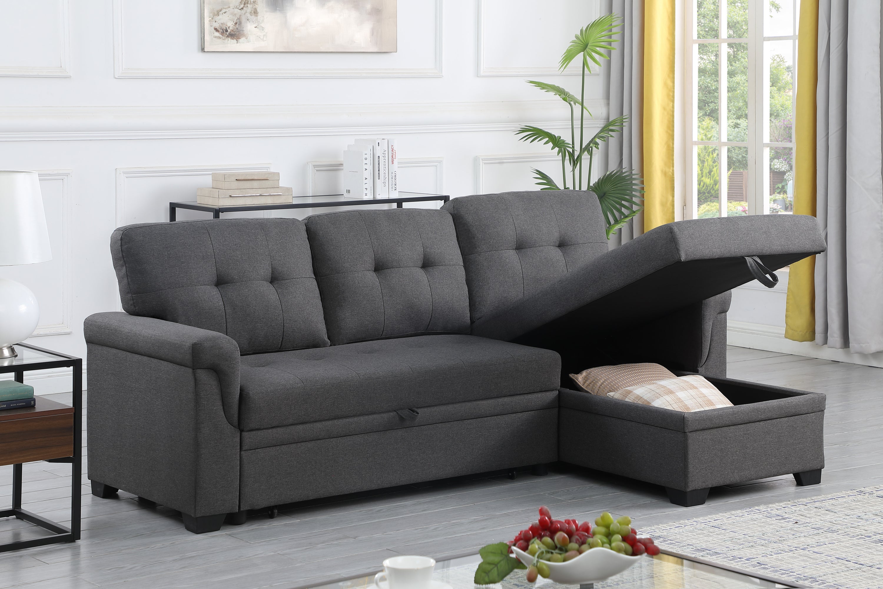 Lucca 84" Linen Reversible Sleeper Sectional Sofa with Storage Chaise