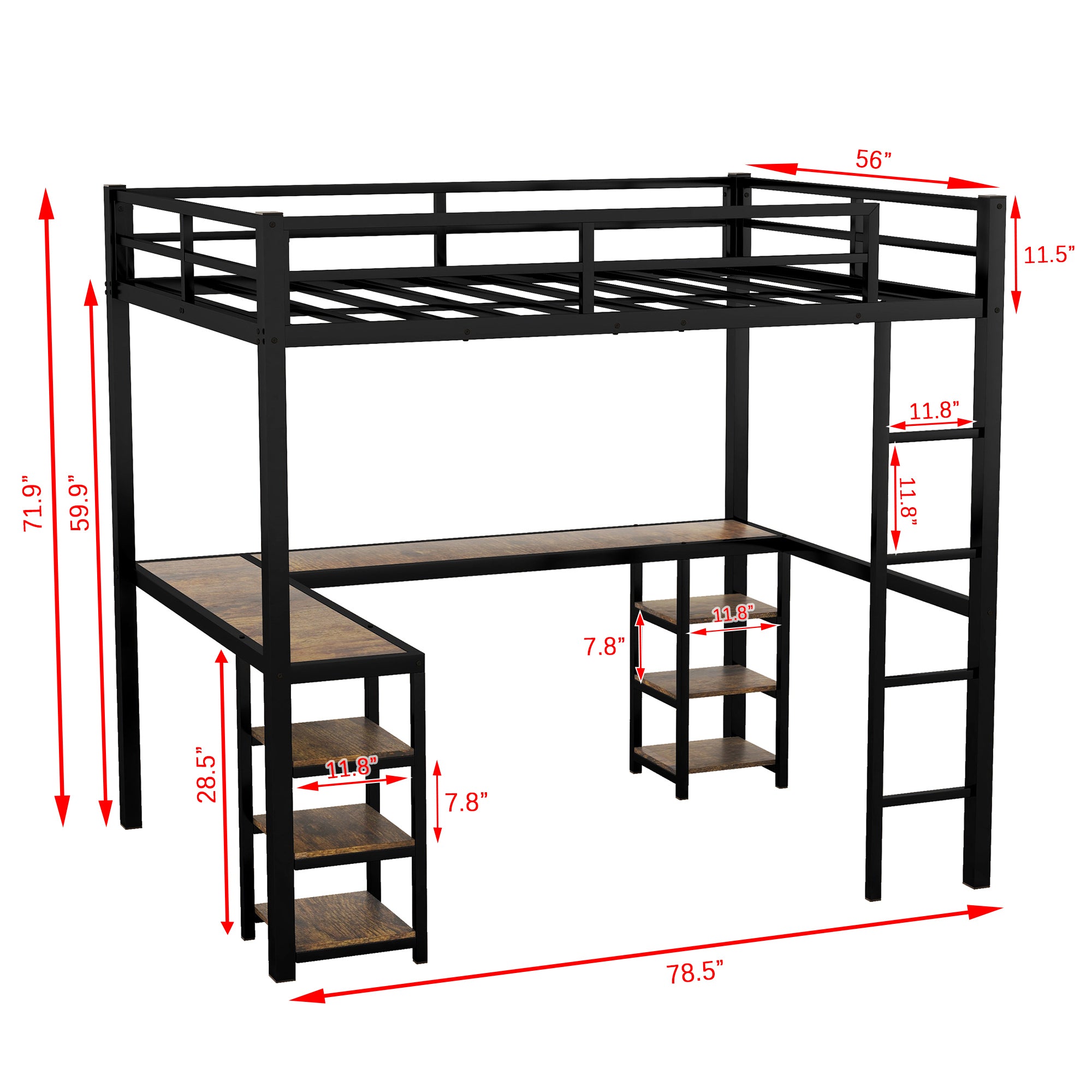 Full Metal Loft Bed with Desk and Shelves, Loft Bed with Ladder and Guardrails, Loft Bed Frame for Bedroom (Black) (Old SKU: W1307S00009)