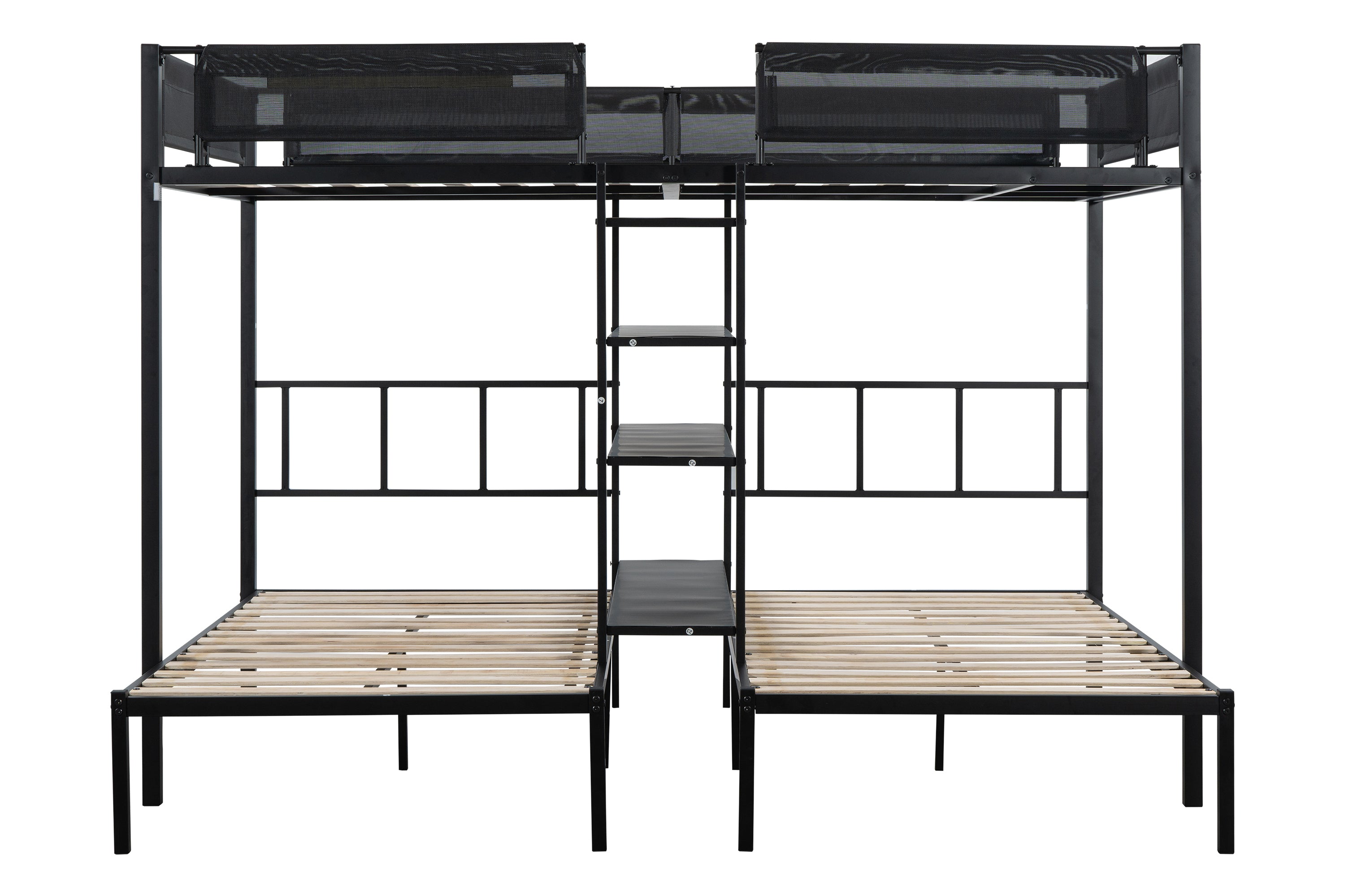 Metal Full over Twin Beds with Shelves/ Sturdy Metal Frame/ Noise-Free Wood Slats/ Comfortable Textilene Guardrail/ Bunk Bed for Three/ Built-in 3-Tier Shelves/ No Box Spring Needed