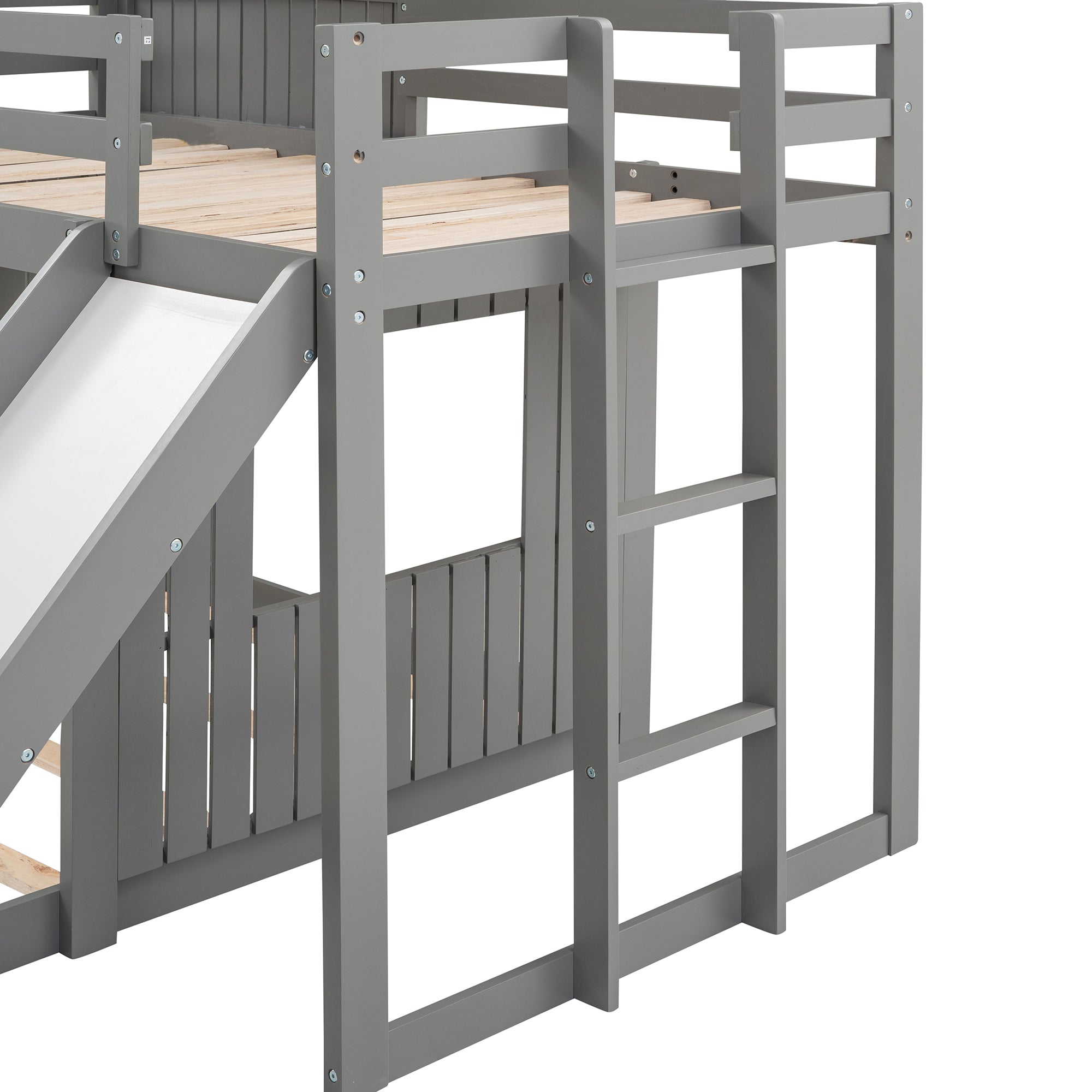 Wooden Twin Over Full Bunk Bed, Loft Bed with Playhouse, Farmhouse, Ladder, Slide and Guardrails, Gray(OLD SKU :LT000028AAN)