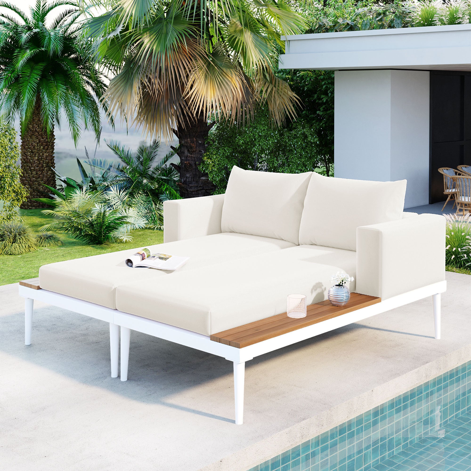 TOPMAX Modern Outdoor Daybed Patio Metal Daybed with Wood Topped Side Spaces for Drinks, 2 in 1 Padded Chaise Lounges for Poolside, Balcony, Deck, Beige