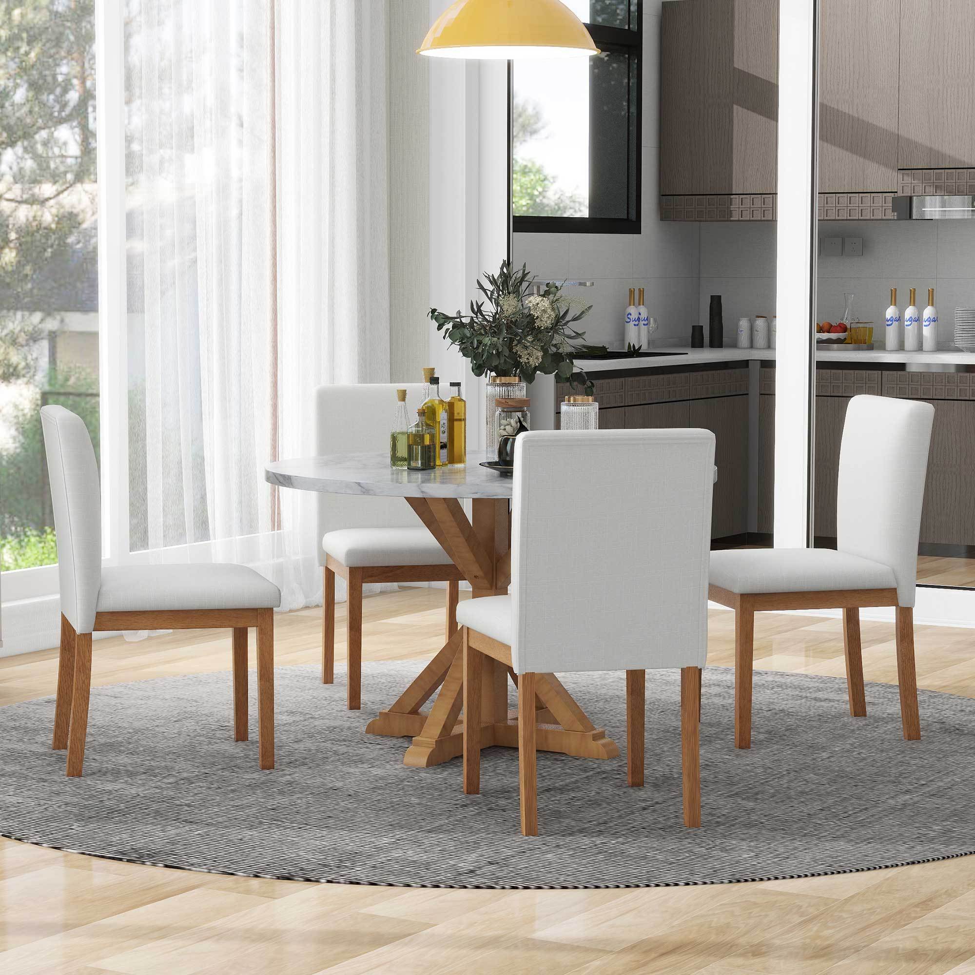 TREXM 5-Piece Farmhouse Style Dining Table Set, Marble Sticker and Cross Bracket Pedestal Dining Table, and 4 Upholstered Chairs (White+Walnut)