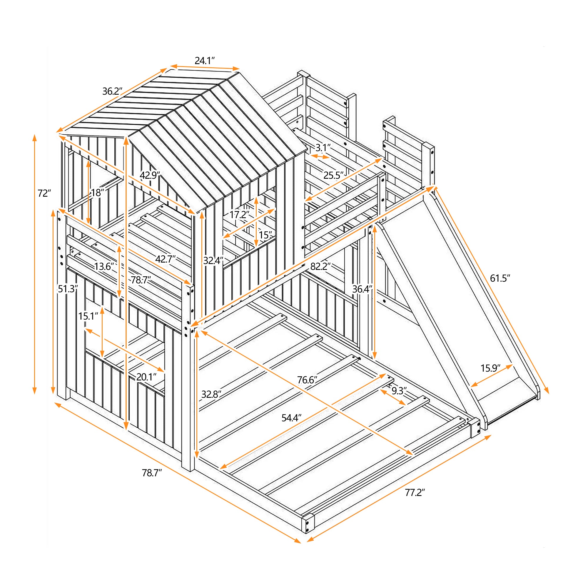 Wooden Twin Over Full Bunk Bed, Loft Bed with Playhouse, Farmhouse, Ladder, Slide and Guardrails, Gray(OLD SKU :LT000028AAN)