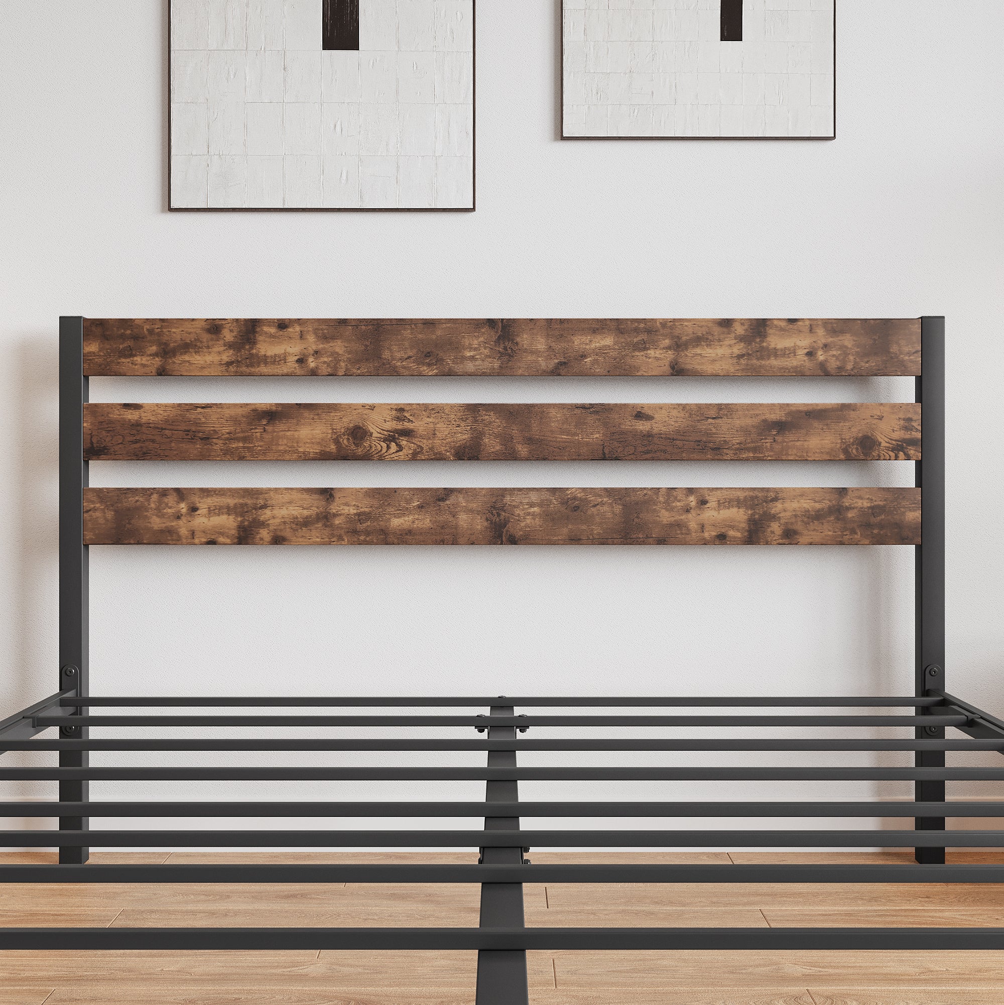 Platform Queen Size Bed Frame with Rustic Vintage Wood Headboard, Strong Metal Slats Support Mattress Foundation, No Box Spring Needed Rustic Brown