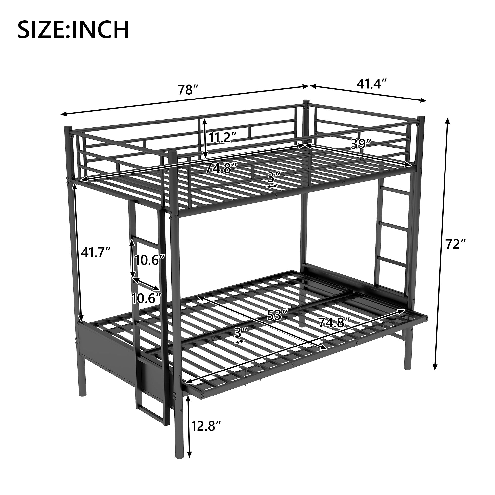 Twin over Full Metal Bunk Bed, Multi-Function,Black(OLD SKU:MF193079AAB)