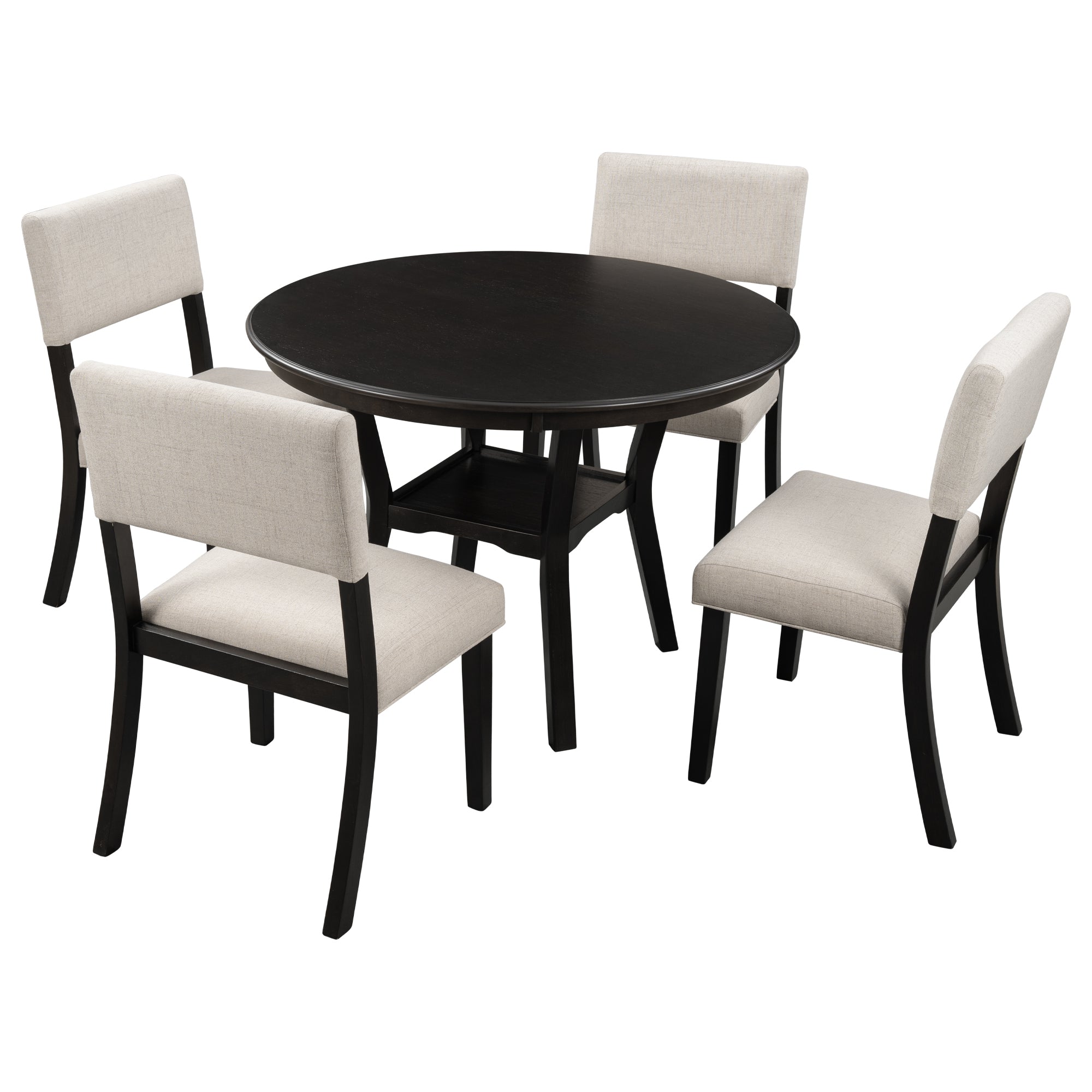 TREXM 5-Piece Kitchen Dining Table Set Round Table with Bottom Shelf, 4 Upholstered Chairs for Dining Room（Espresso）