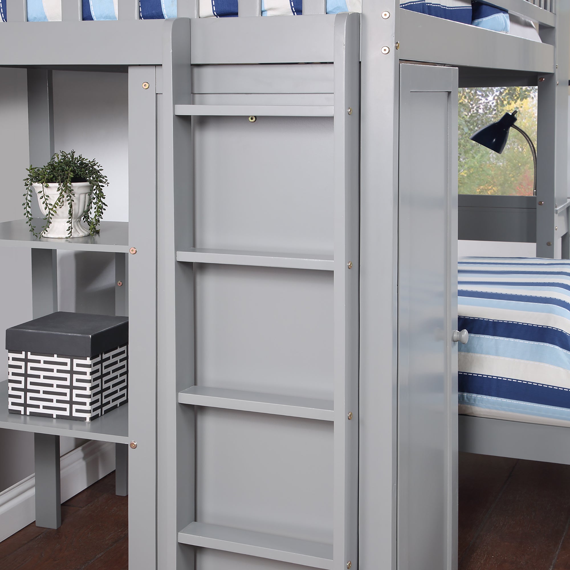 Twin Size Loft Bed with Closet and Desk, Extra Bottom Twin Bed, Grey