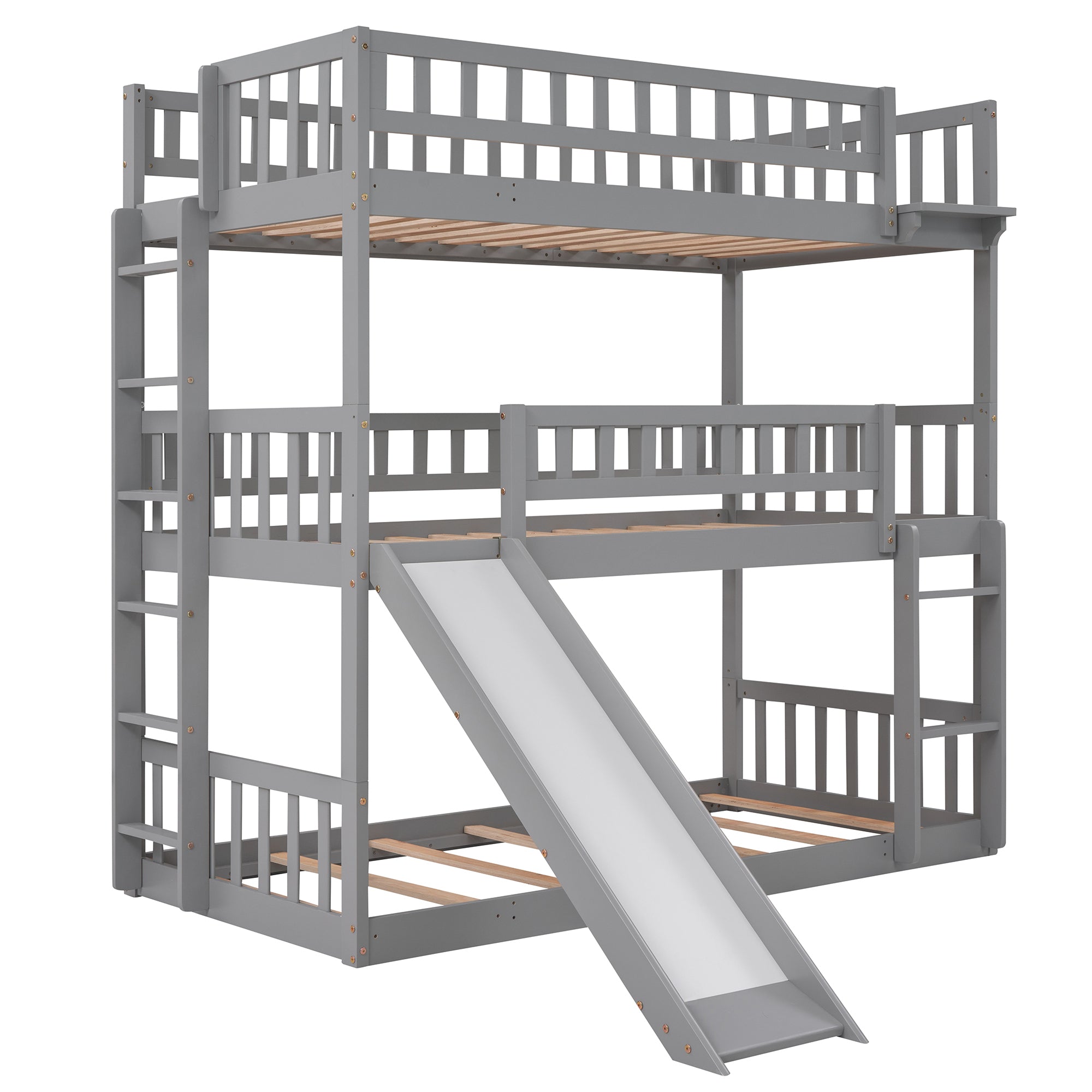 Twin-Over-Twin-Over-Twin Triple Bed with Built-in Ladder and Slide, Triple Bunk Bed with Guardrails, Gray(OLD SKU: LP000051AAE)