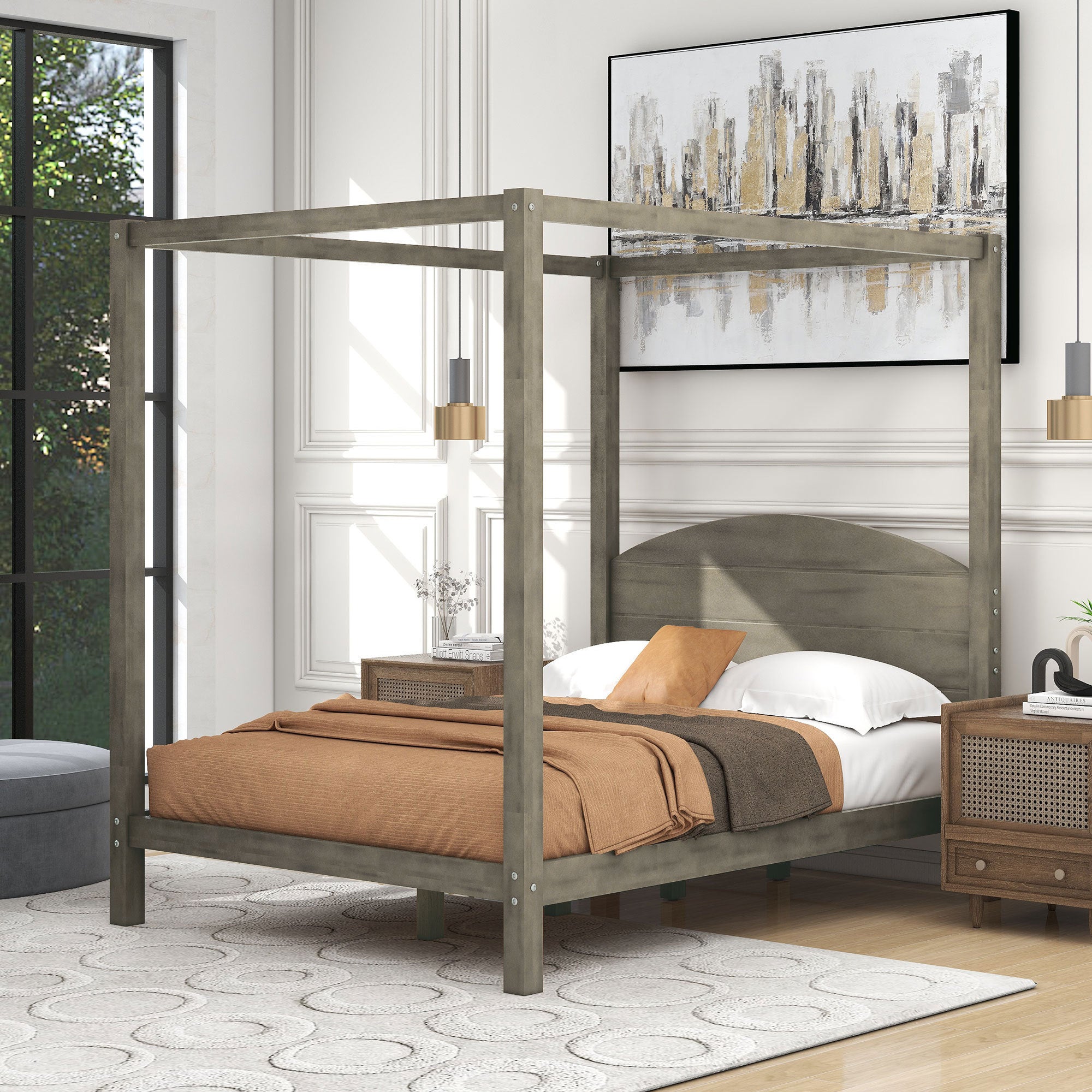 Full Size Canopy Platform Bed with Headboard and Support Legs,Brown Wash