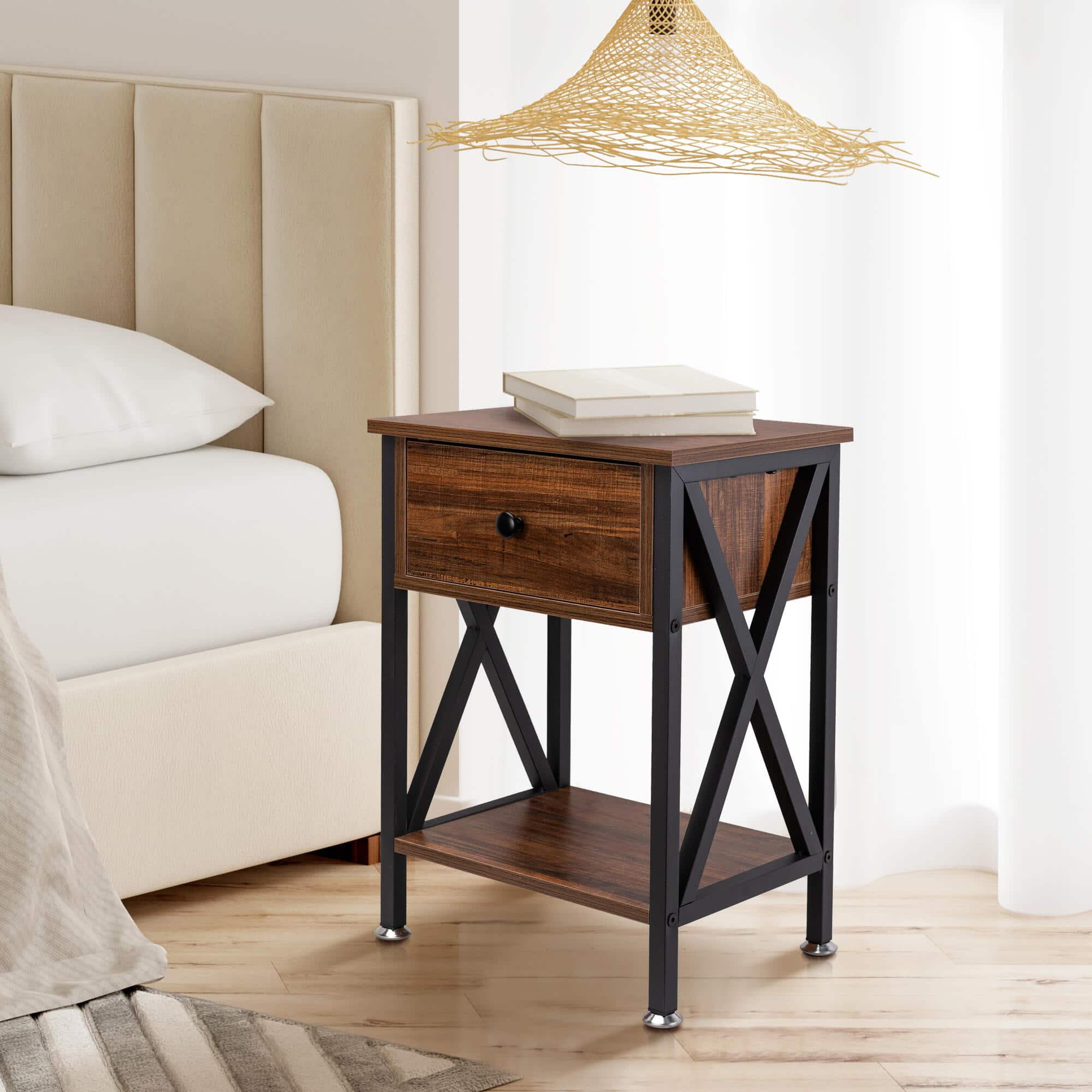 Nightstand with Drawer and Open Storage Shelves, Bedside End Table for Bedroom Living Room, Brown