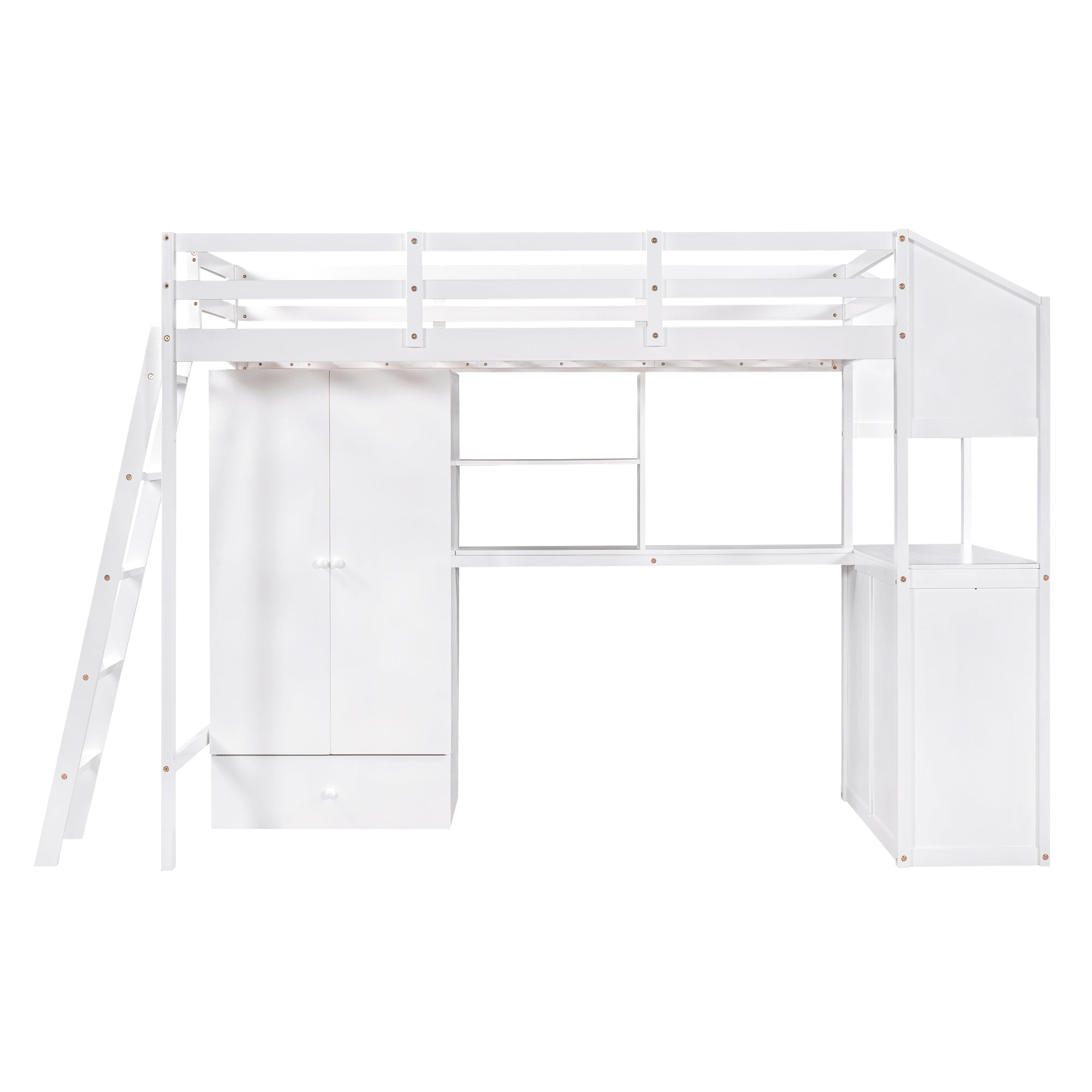 Twin Size Loft Bed with Wardrobe and Drawers, attached Desk with Shelves, White