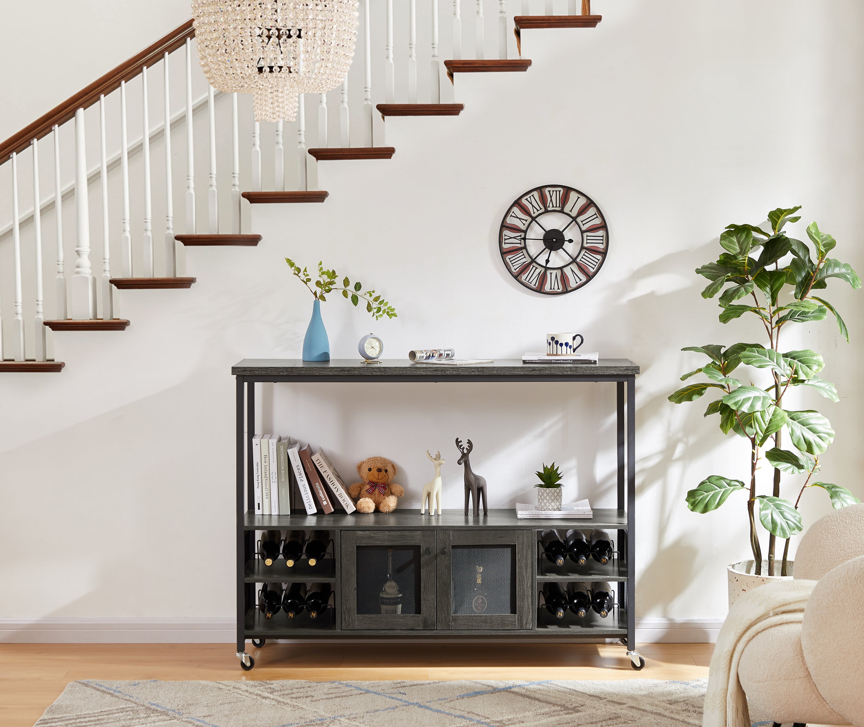 Wine shelf table, modern wine bar cabinet, console table, bar table, TV cabinet, sideboard with storage compartment, can be used in living room, dining room, kitchen, entryway, hallway.Dark Grey.