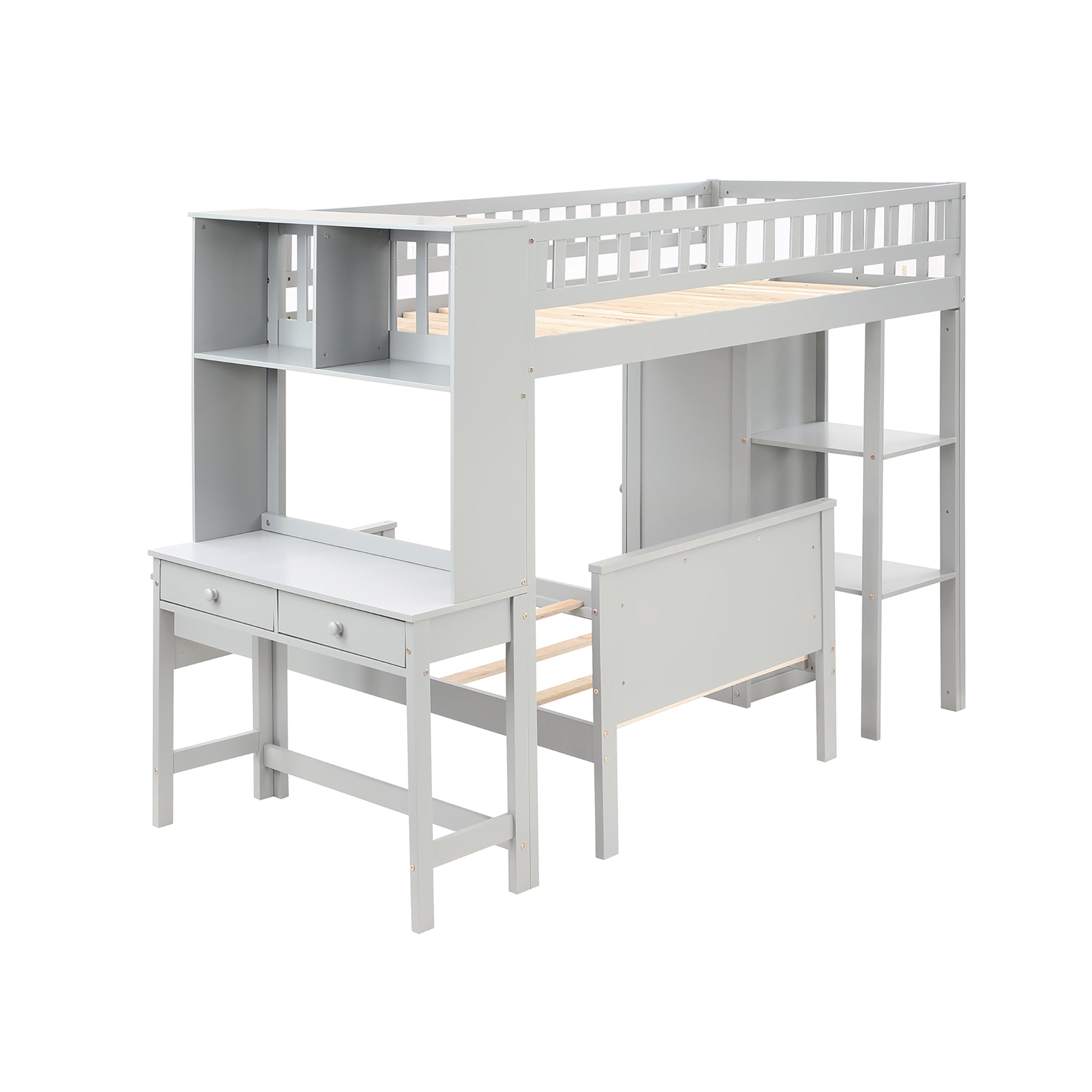 Twin Size Loft Bed with Closet and Desk, Extra Bottom Twin Bed, Grey