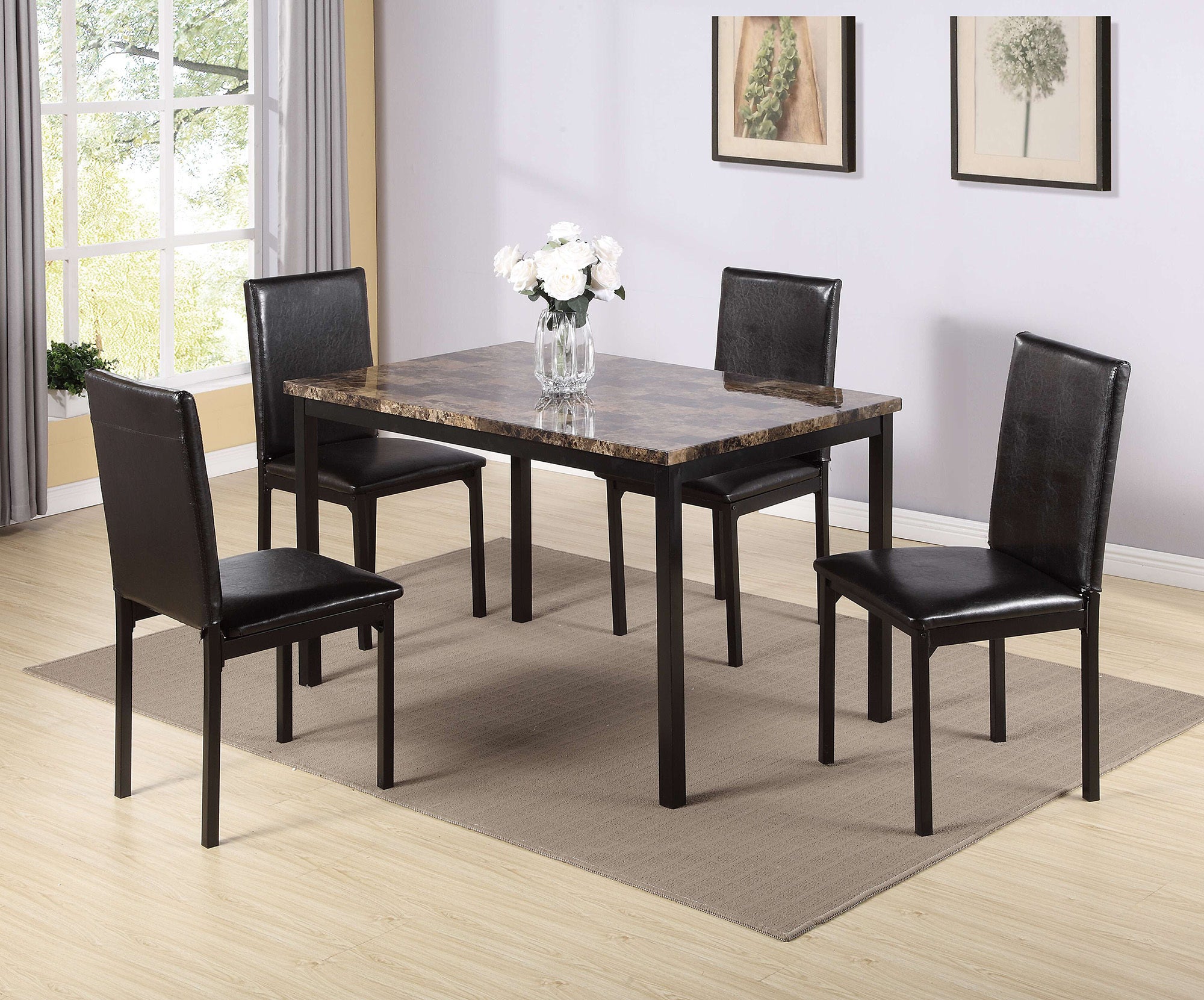 Furniture 5 Piece Metal Dinette Set with Faux Marble Top - Black,dinning set,table&4 chairs