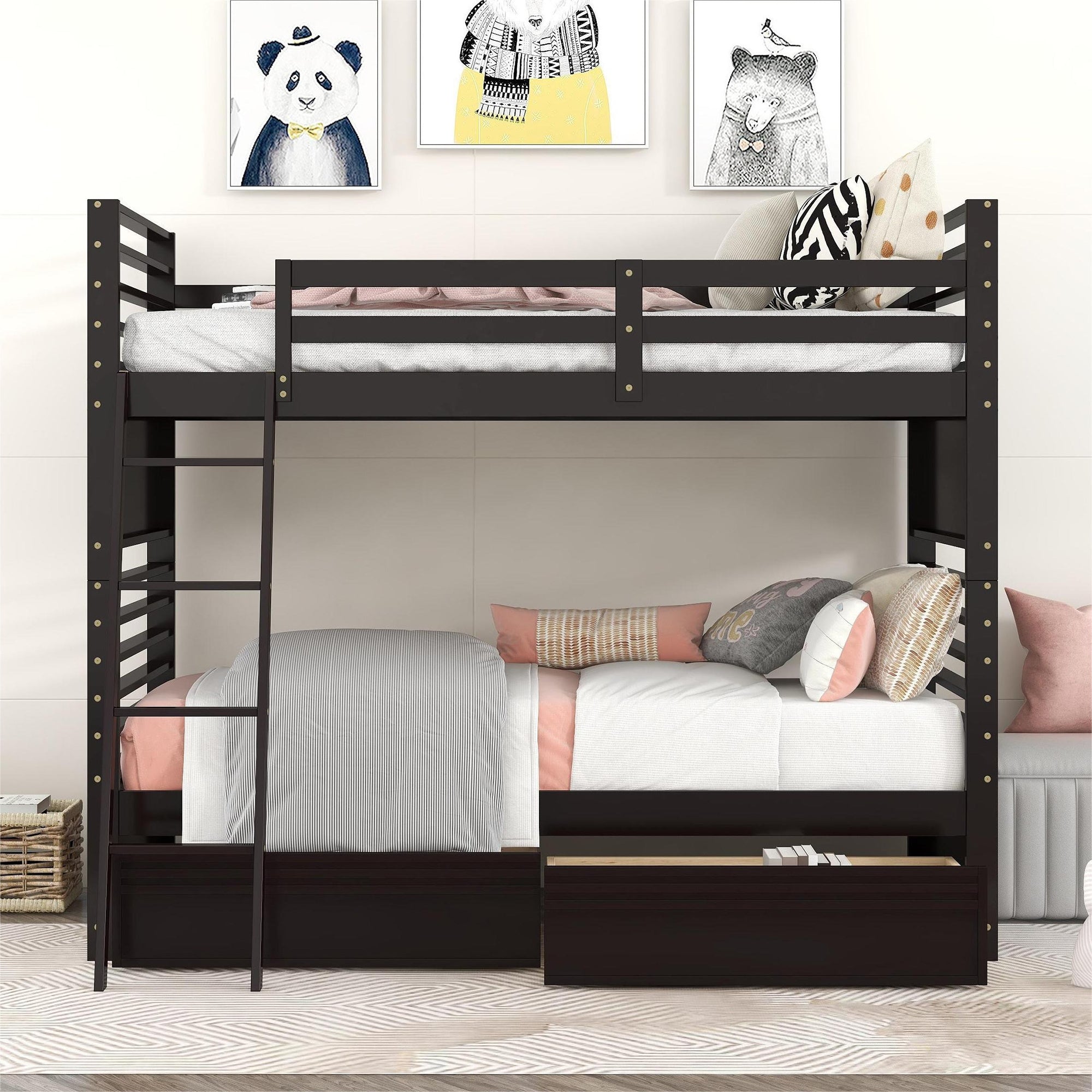 Twin over Twin Wood Bunk Bed with Two Drawers - Espresso·