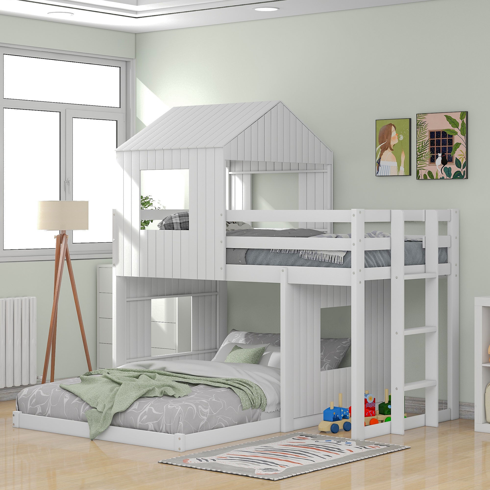 Wooden Twin Over Full Bunk Bed, Loft Bed with Playhouse, Farmhouse, Ladder and Guardrails, White( old sku: LT000027AAK )