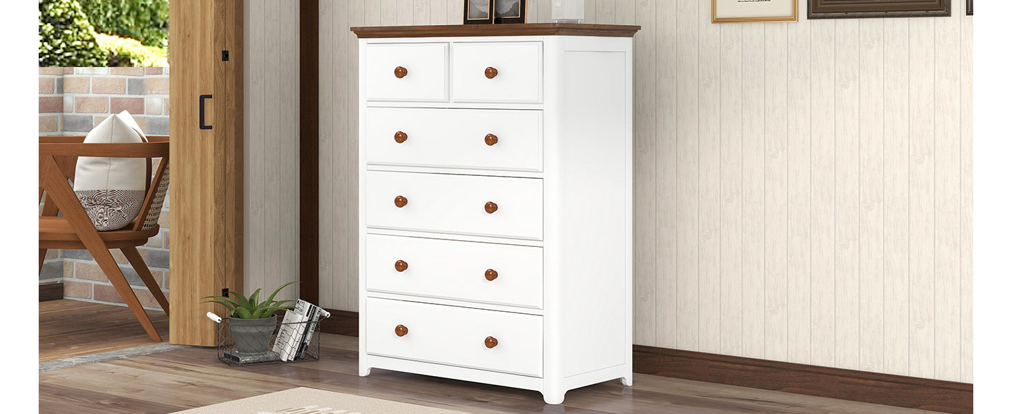 Rustic Wooden Chest with 6 Drawers,Storage Cabinet for Bedroom,White+Walnut