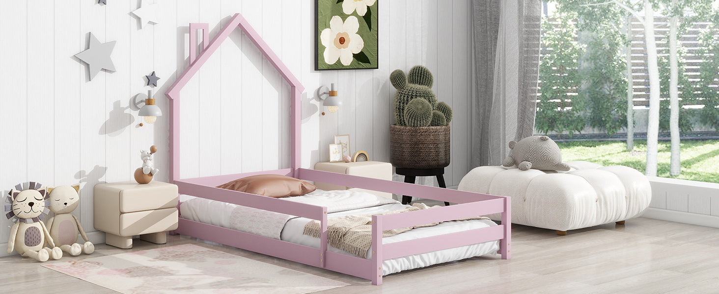 Twin Size Wood bed with House-shaped Headboard Floor bed with Fences,Pink