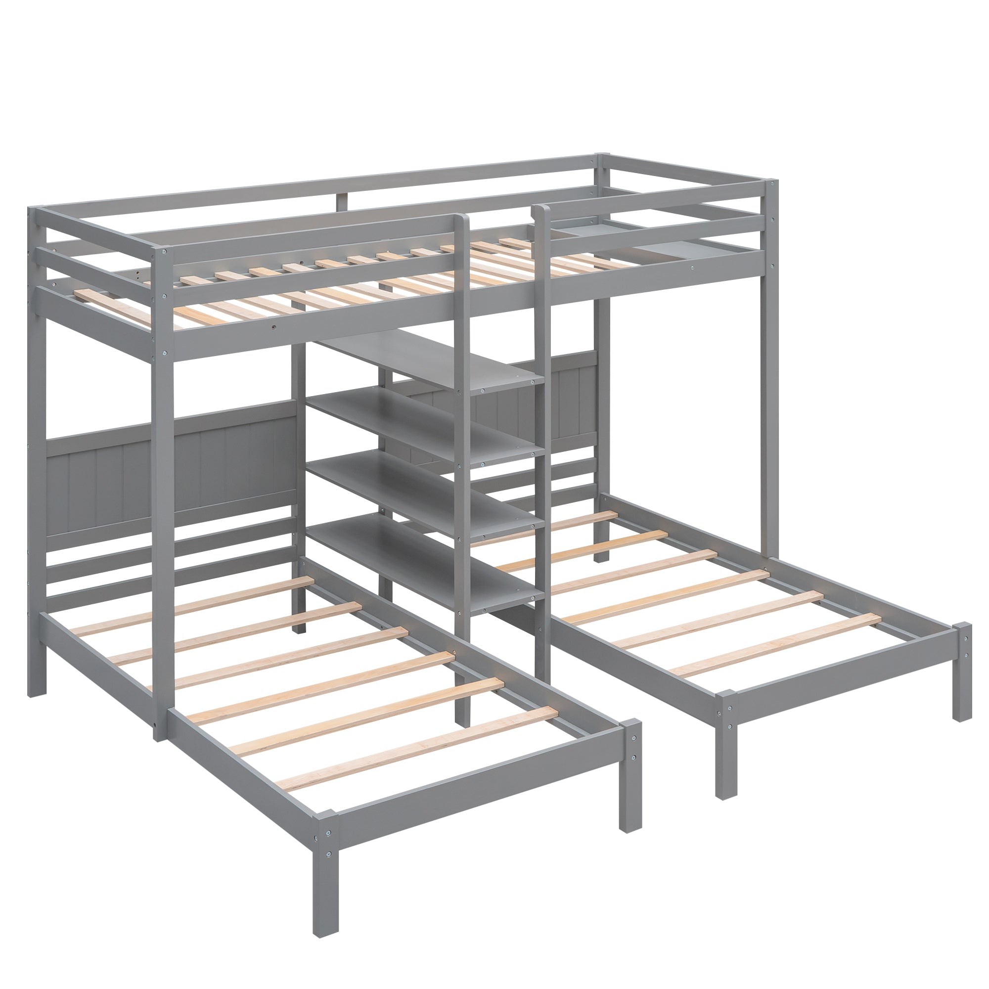 Twin XL over Twin&Twin Bunk Bed with Built-in Four Shelves and Ladder,Gray