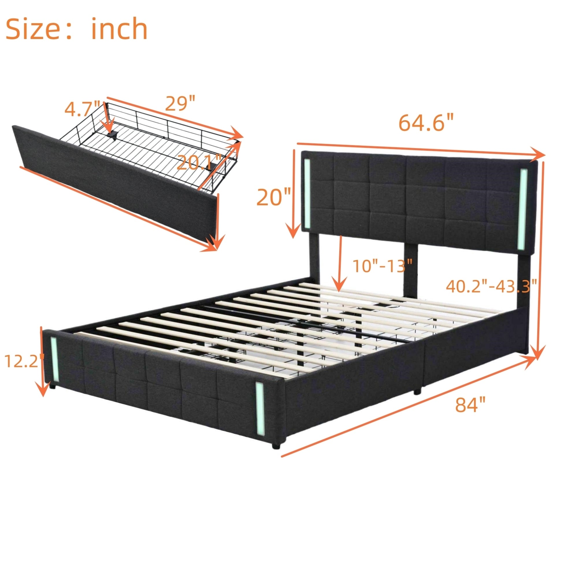 Queen Size Upholstered Platform Bed with LED Lights and USB Charging, Storage Bed with 4 Drawers, Dark Gray