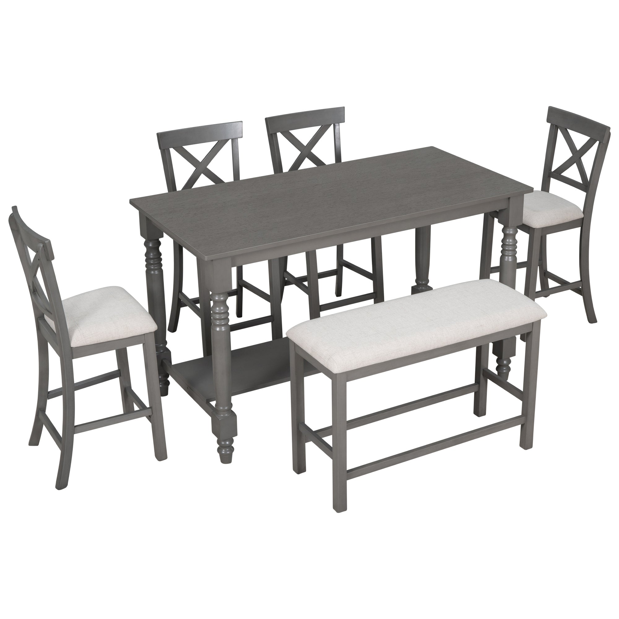 TREXM 6-Piece Counter Height Dining Table Set Table with Shelf 4 Chairs and Bench for Dining Room (Gray)