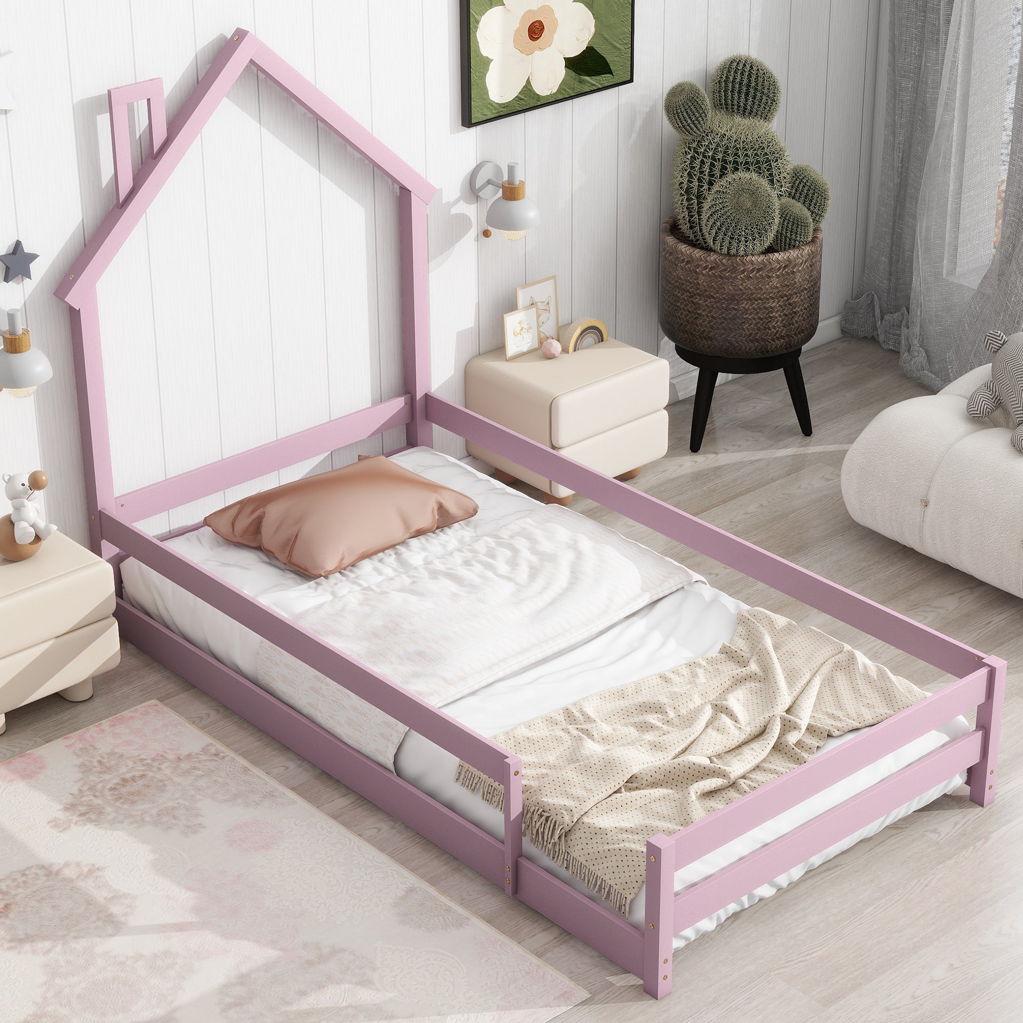 Twin Size Wood bed with House-shaped Headboard Floor bed with Fences,Pink